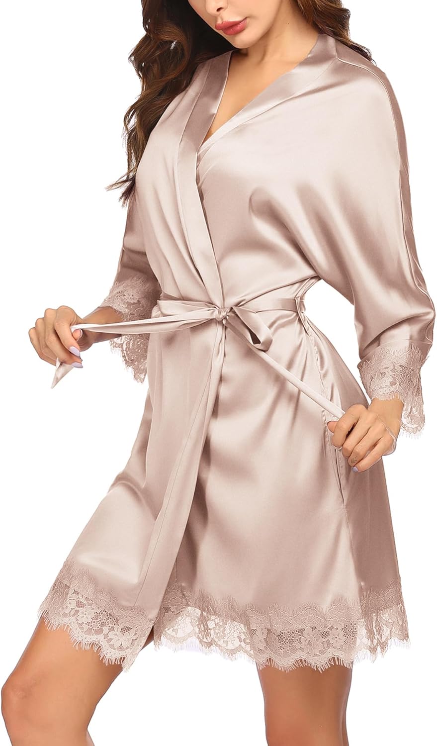 Alternative view of Ekouaer Womens Silk Robe Short Lace Trim Satin Robe 3/4 Sleeve Sexy Kimono Bride Bathrobe Comfy Sleepwear with Pockets