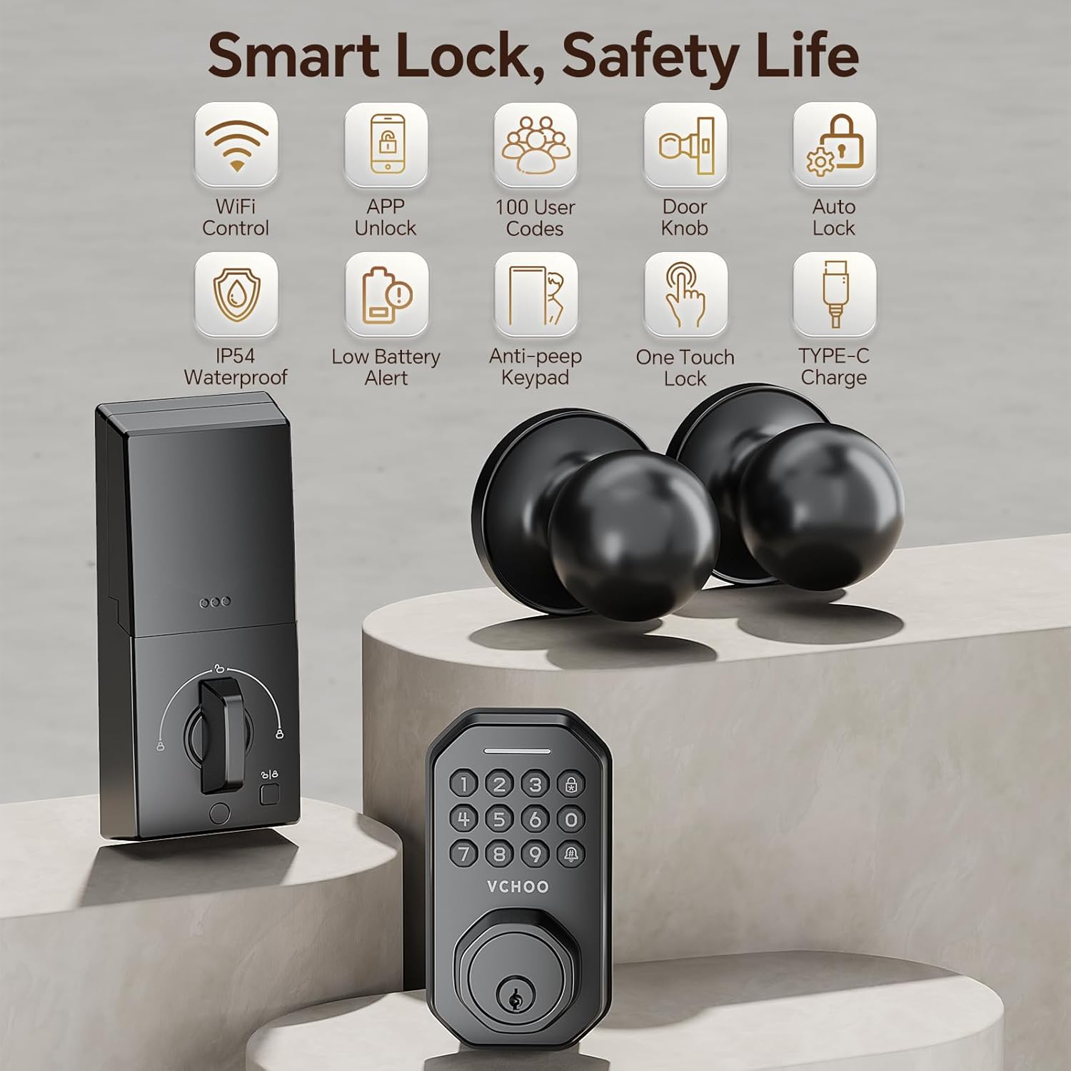 VCHOO Keyless Entry Door Lock Set WiFi Smart App Control Door Lock for Front Door Keypad Deadbolt with 2 Knobs Auto Lock One Time Codes Easy Install, Black