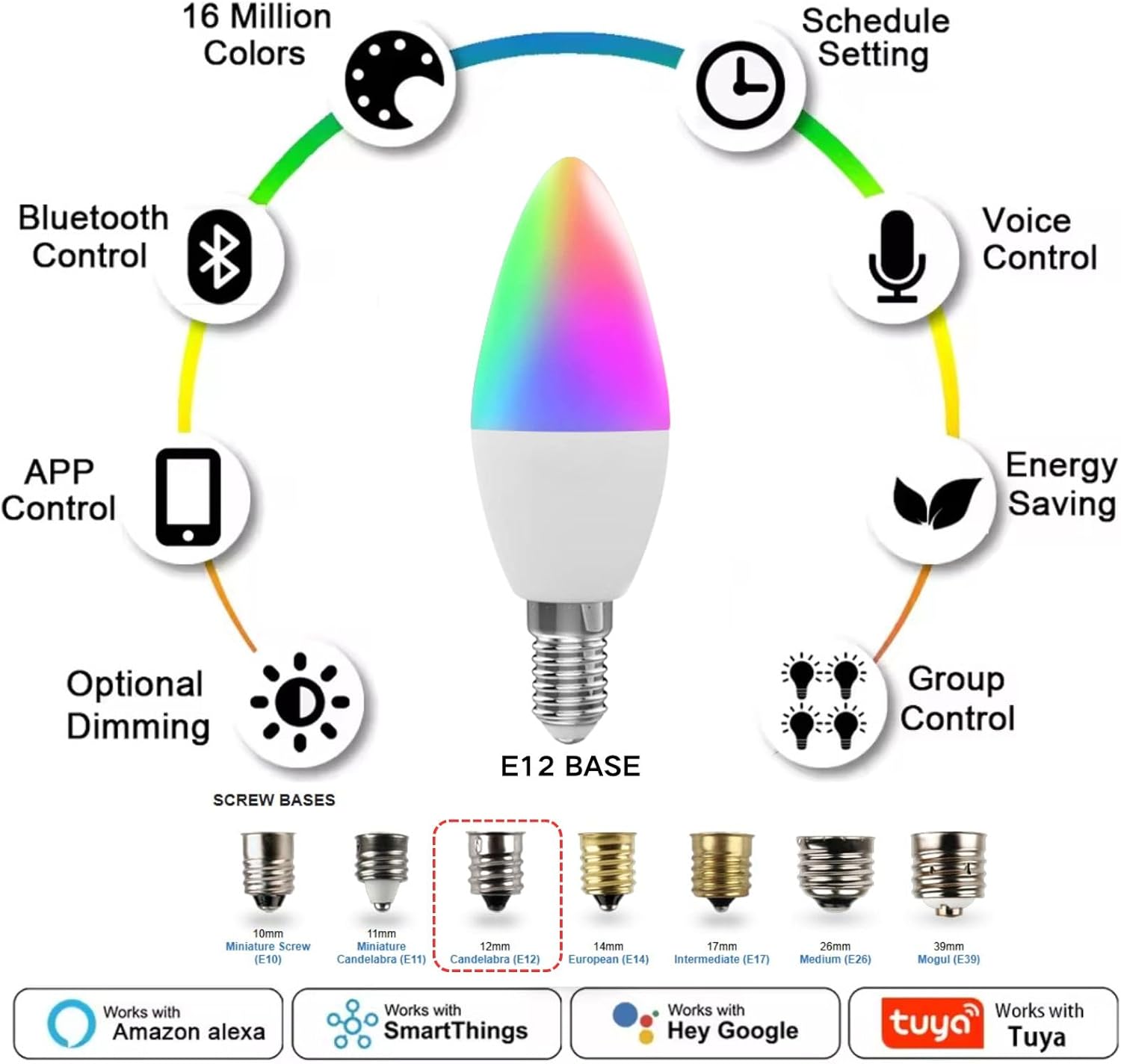 Sanofuturion Candelabra Smart Light Bulbs 60W Equivalent, 450LM 5W LED Bulb Compatible with Alexa/Google Home, RGBCW 16 Million Color Changing Light Candle Bulb, No Hub Required, 2.4G (E12) (1)