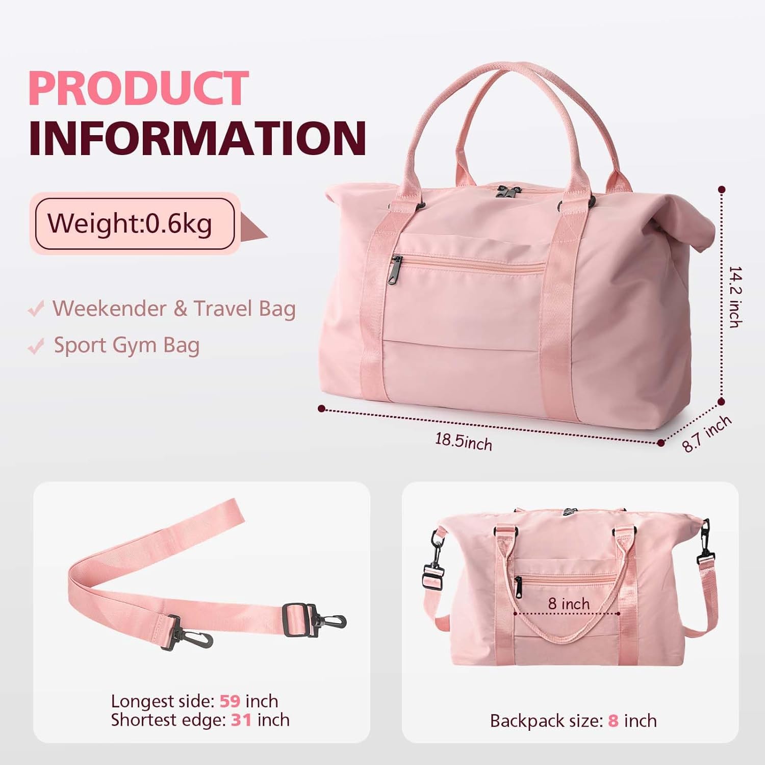 TOPBAG Travel Duffle Bag, Waterproof Weekender Carry On Tote Bags for Women, Sport Gym Bag for Men, Hospital Bag for Labor and Delivery, Overnight Luggage Bag with Trolley Sleeve Coral Pink