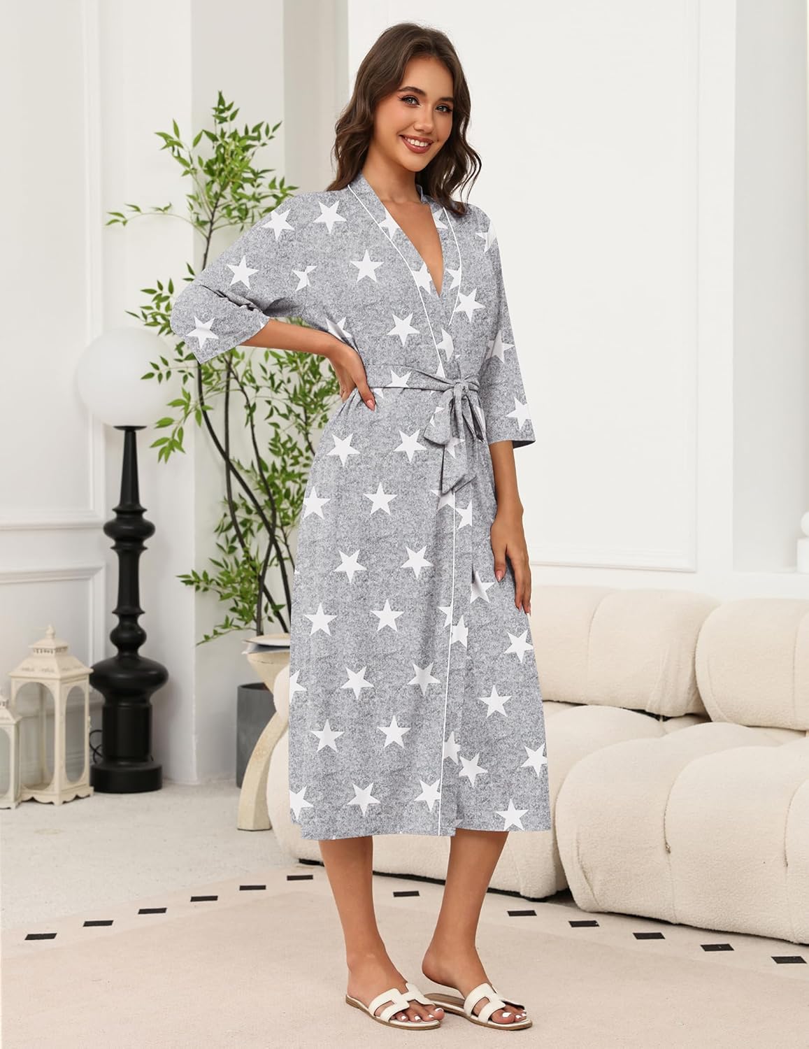 Ekouaer Robes for Women Long Knit Bathrobe Lightweight 3/4 Sleeves Kimono Robe Soft Sleepwear with Pockets S-XXL