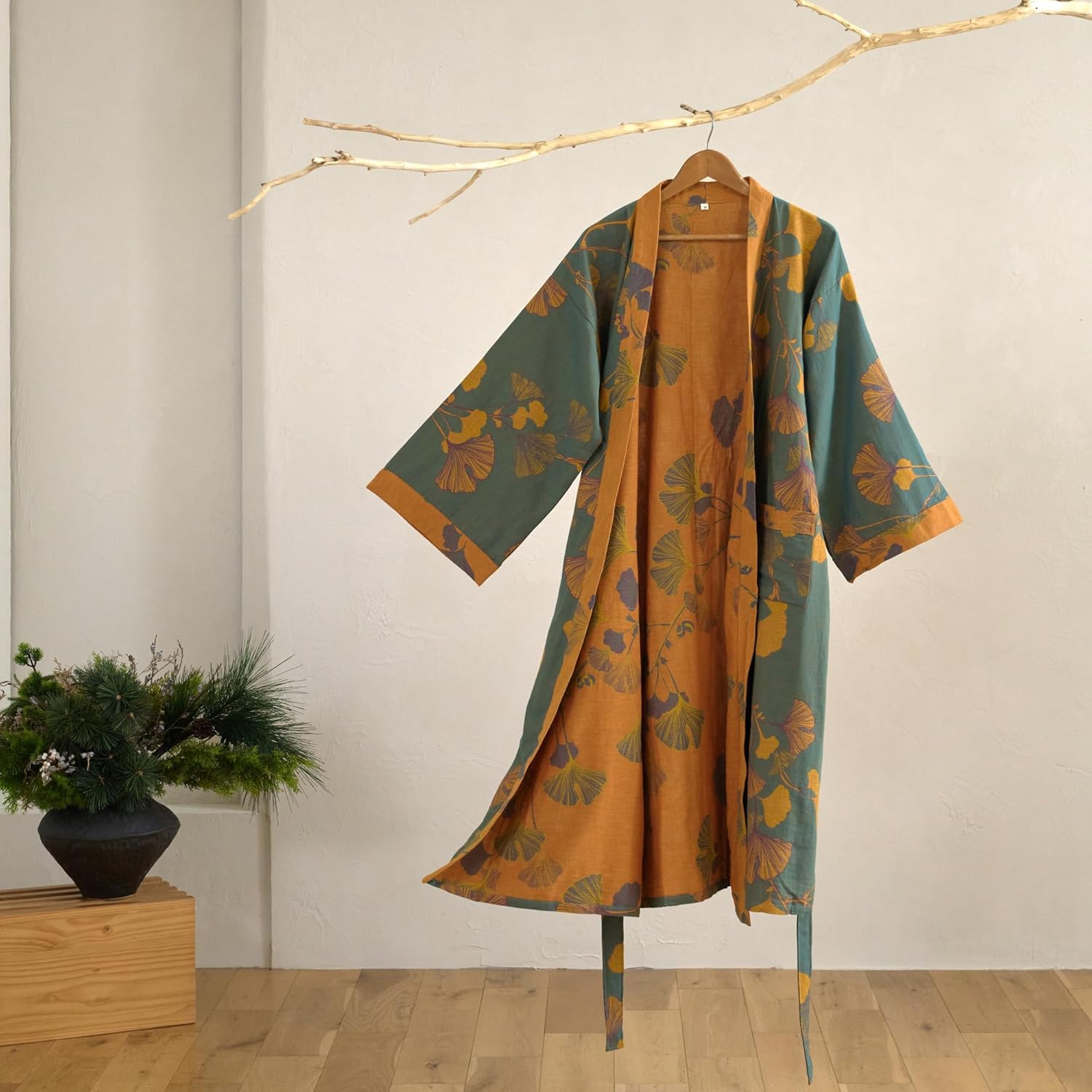 Purefair 100% Cotton Gauze Ginkgo Leaf Kimono Robe, Long Knit Loose Bathrobe Nightgown Ladies Loungewear Sleepwear for Women