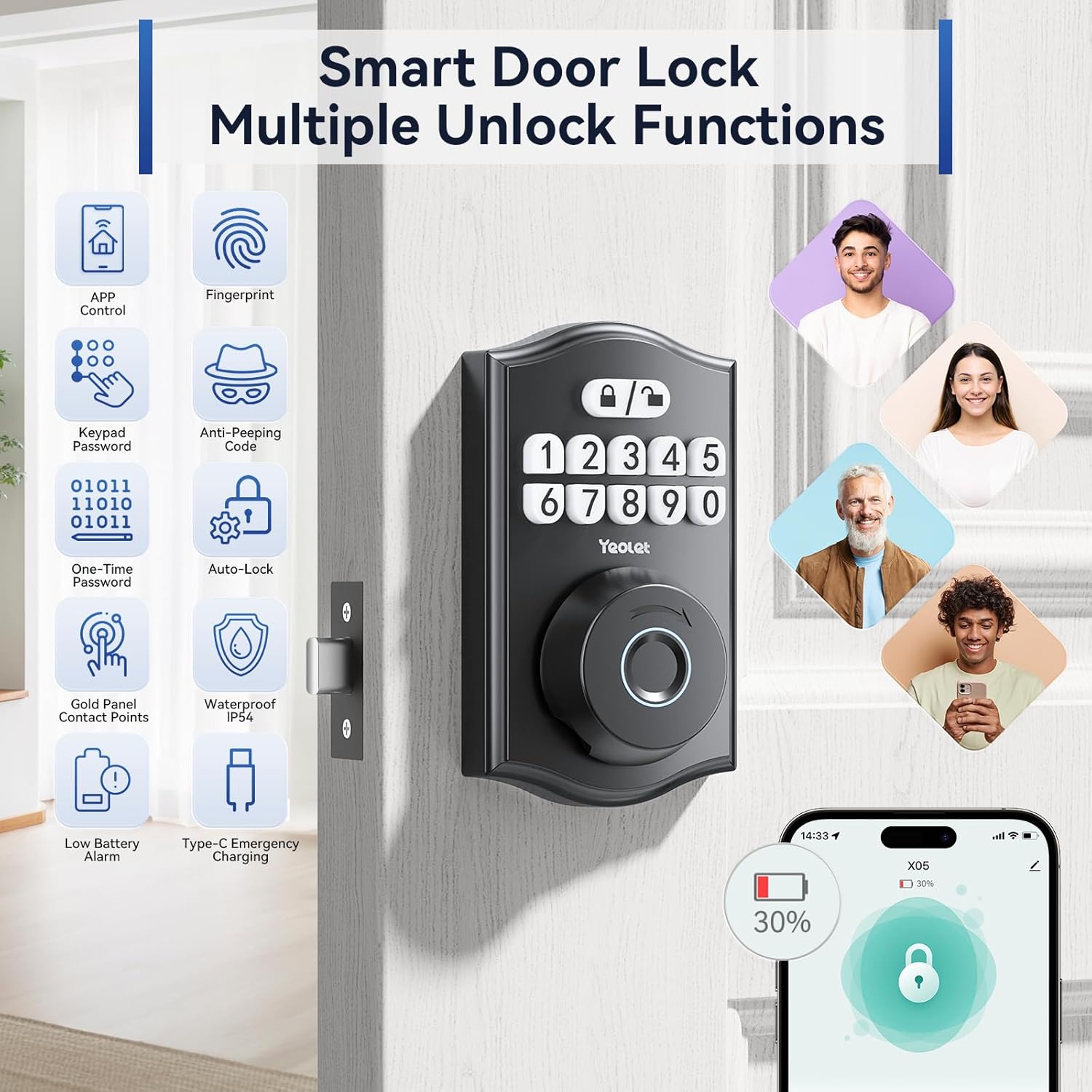 Yeolet Fingerprint Keyless Entry Door Lock App Control Smart Locks for Front Door, Keypad Deadbolt, Auto Lock One Time Password Easy Installation, Black