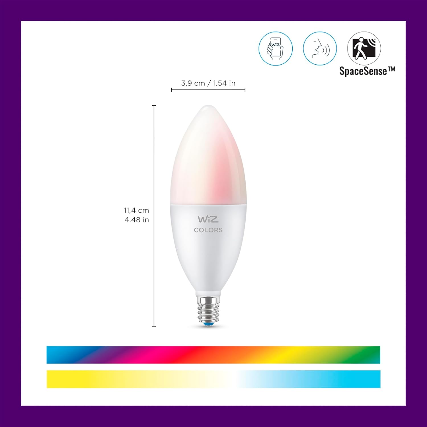 WiZ Connected 40W B12 Smart Candle-shape, E12 base, Full Color, Dimmable, 1-Pack, Indoor, Connect to Wi-Fi, Control Voice or App + Activate with Motion, Matter Compatible