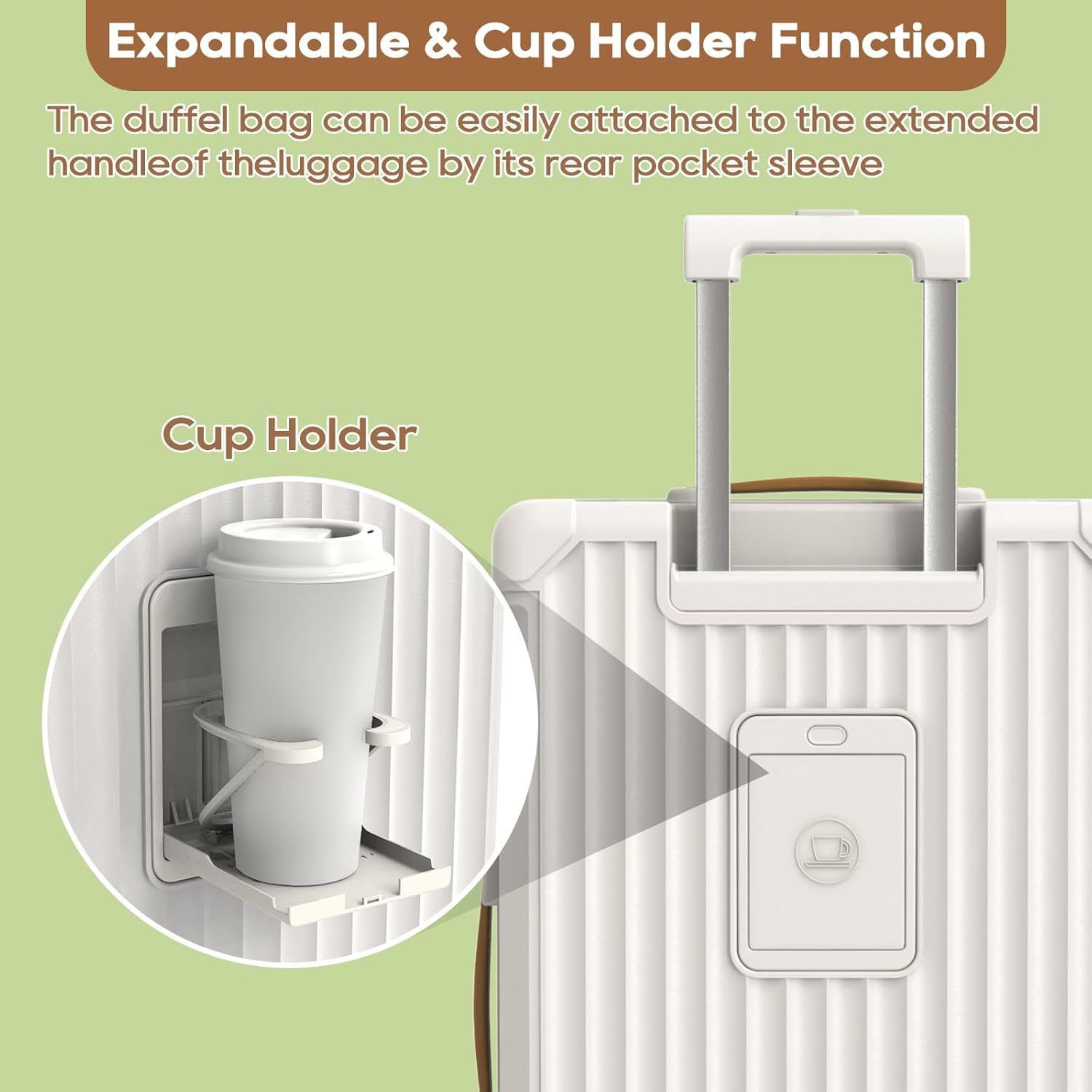 Joyway 20in Carry On Luggage with Cup Holder and USB Port, 25% Expandable Capacity, Smart Suitcase with Anti Slip Wheels and Handbag, Perfect for Men and Women 3 Piece Set White