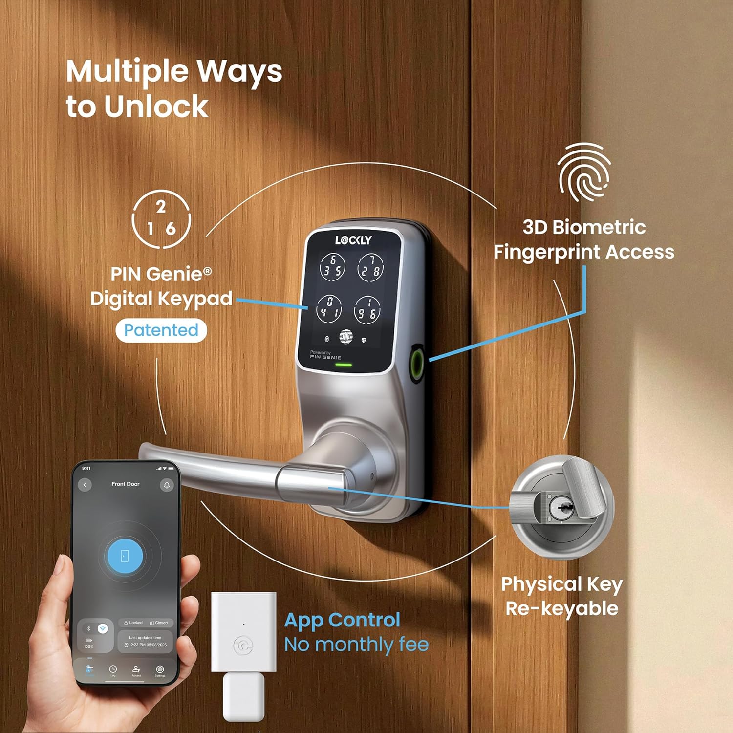 Alternative view of Lockly Secure Pro Smart Lock Wi-Fi, Keyless Entry Digital Keypad Door Lock, 3D Biometric Fingerprint Sensor Front Door with Handle, Voice Control & Auto Lock - Latch Edition