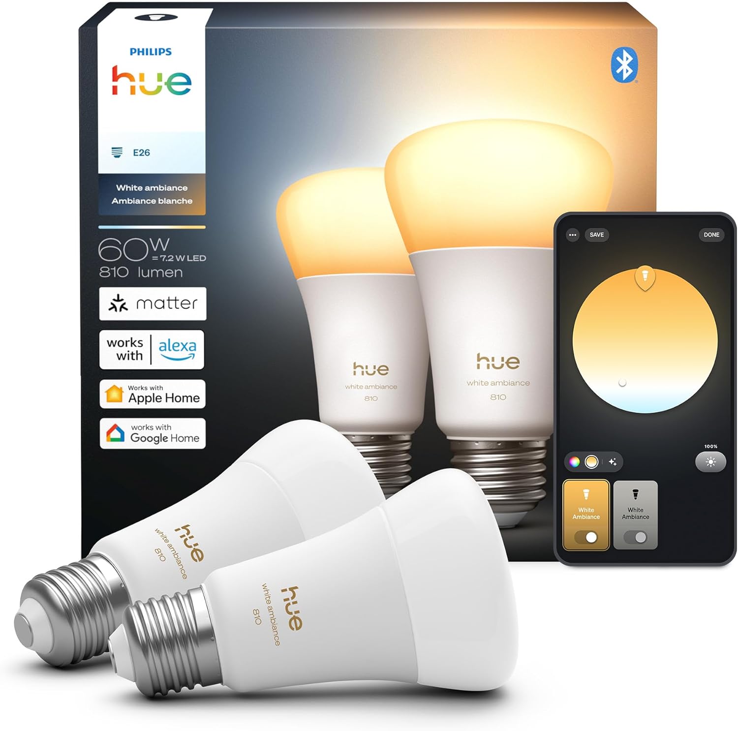 Alternative view of Philips Hue Smart LED A19 Bulb, White Ambiance, E26 Base, 7.2W, Full Spectrum Light 1000K-20000K, 810 Lumens, Dimmable, Works with Alexa, Google, and Apple Home, 2pk