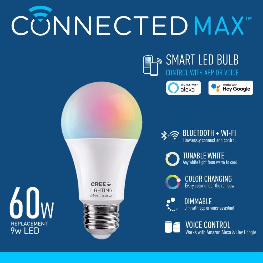 Alternative view of Cree Lighting Connected Max Smart Led Bulb A19 60W Tunable White + Color Changing, 2.4 Ghz, Works with Alexa and Google Home, No Hub Required, Bluetooth + WiFi, 1Pk