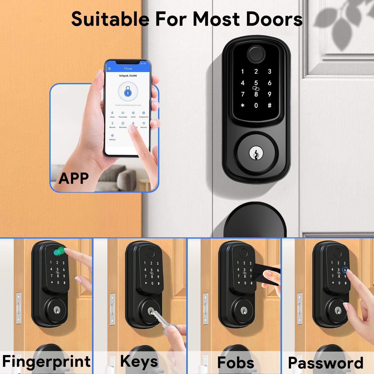 Keyless Entry Door Lock with Handle Set, Keyless Entry Deadbolt with Handle Set, Smart Locks for Front Door Alexa Fingerprint Auto Lock, Black