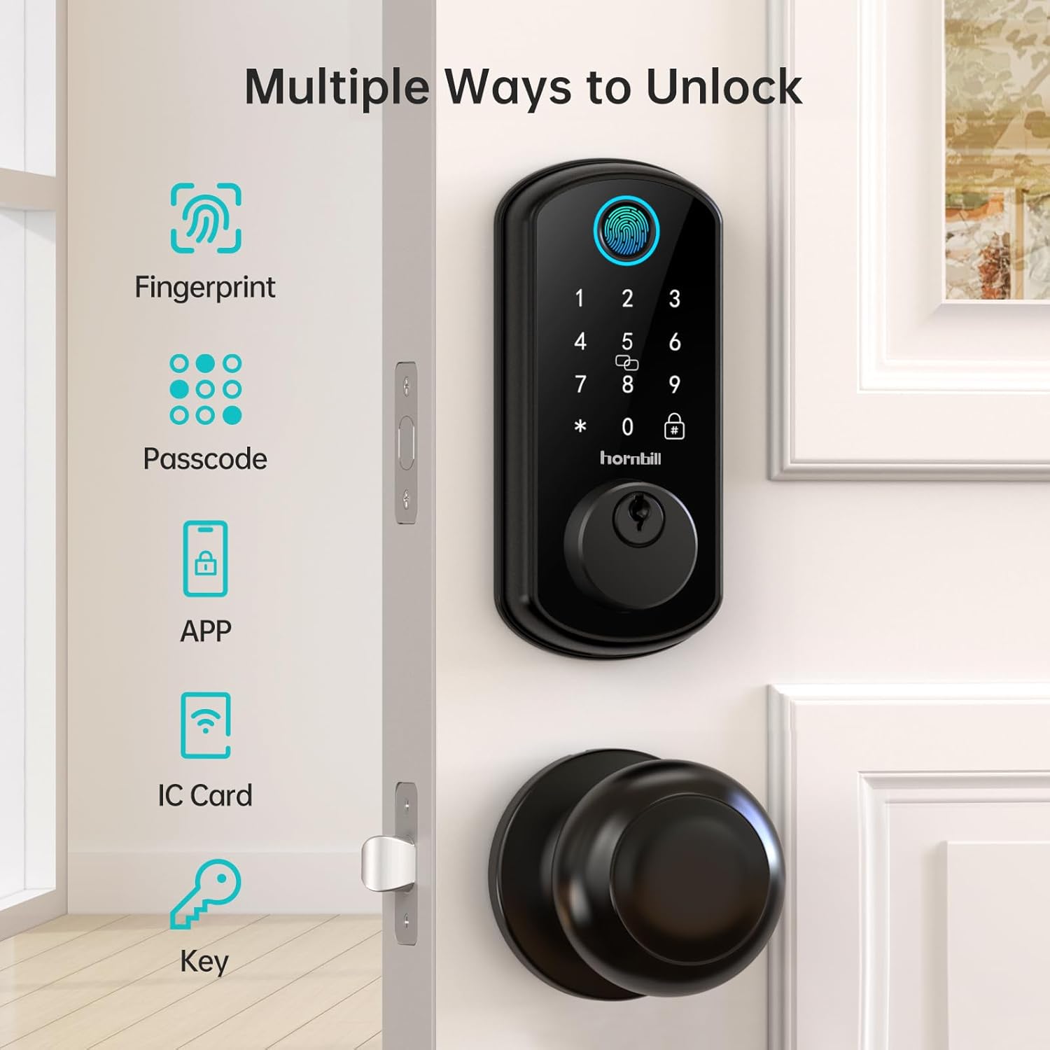 Alternative view of WiFi Smart Door Lock Set: Hornbill Keyless Entry Door Lock Deadbolt with Handle Set Fingerprint Front Door Lock with 2 Knobs Alexa Bluetooth Remote Code Auto Lock for Home Hotel Security Black
