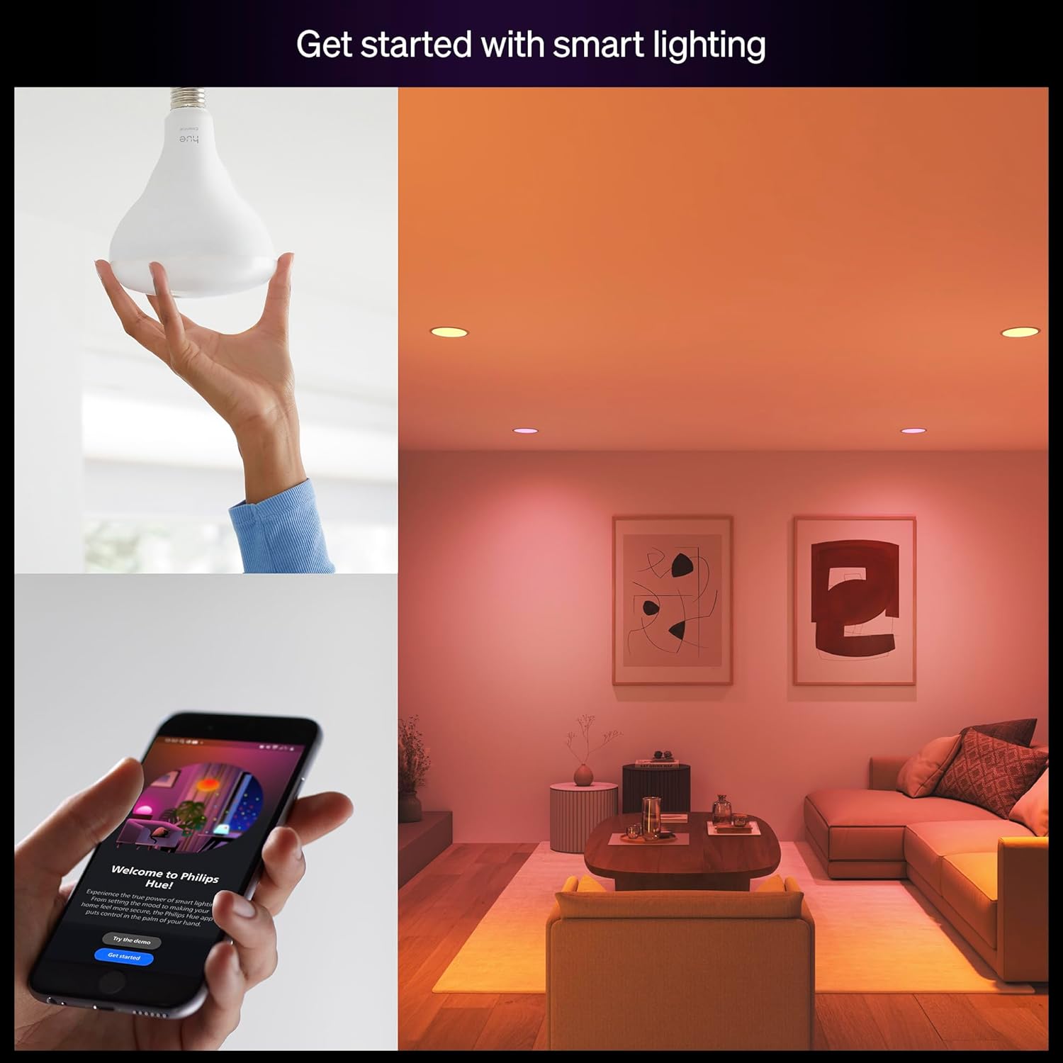 Alternative view of Philips Hue Essential Smart LED BR30 Bulb 2-Pack, White and Color Ambiance, E26, 7.2W, 2200K-6500K, 650 Lumens, Dimmable, Works with Alexa, Google Assistant, Apple Home