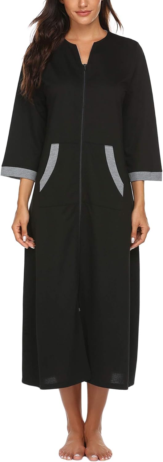 Ekouaer Women Zipper Robe 3/4 Sleeves Loungewear Dress Full Length Sleepwear Pockets Housecoat Nightgown Long Bathrobe - Image 3