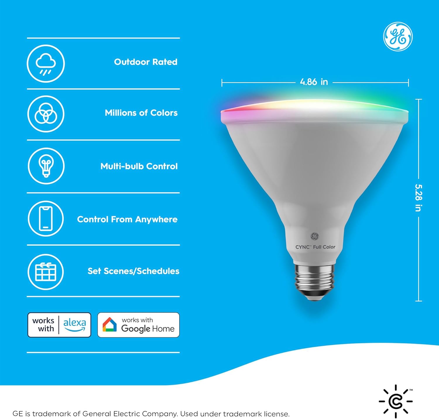 GE CYNC Smart LED PAR38 Flood Light Bulb - WiFi & Bluetooth Color Changing RGB Outdoor Light Bulbs - 90W Equivalent, Compatible with Alexa & Google Home - Dimmable, Long Lasting, Tuneable - Pack of 2