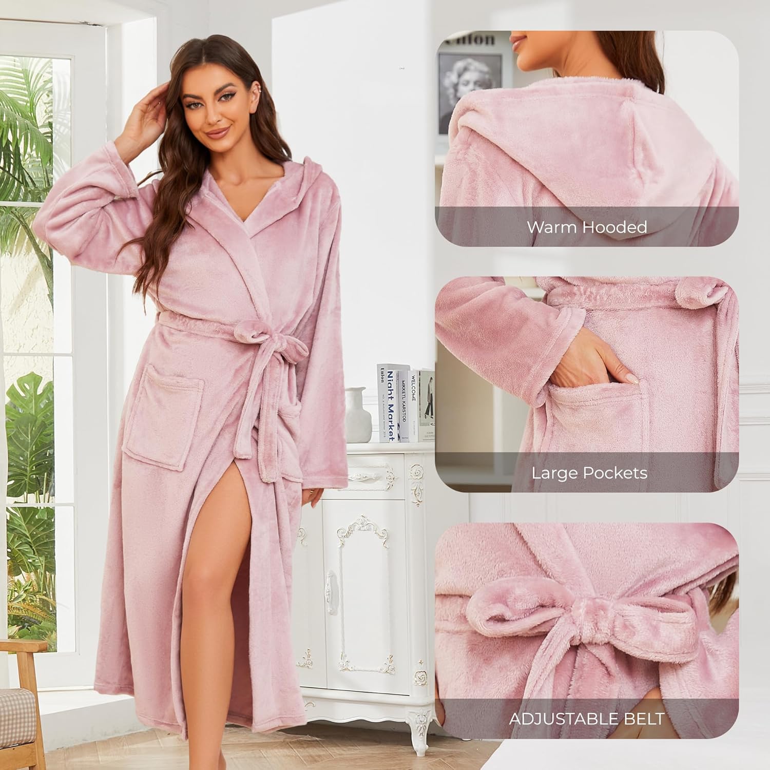 Alternative view of EK4YDNDS Womens Long Hooded Fleece Robe, Soft Warm Spa Bathrobe for Cozy Lightweight Loungewear