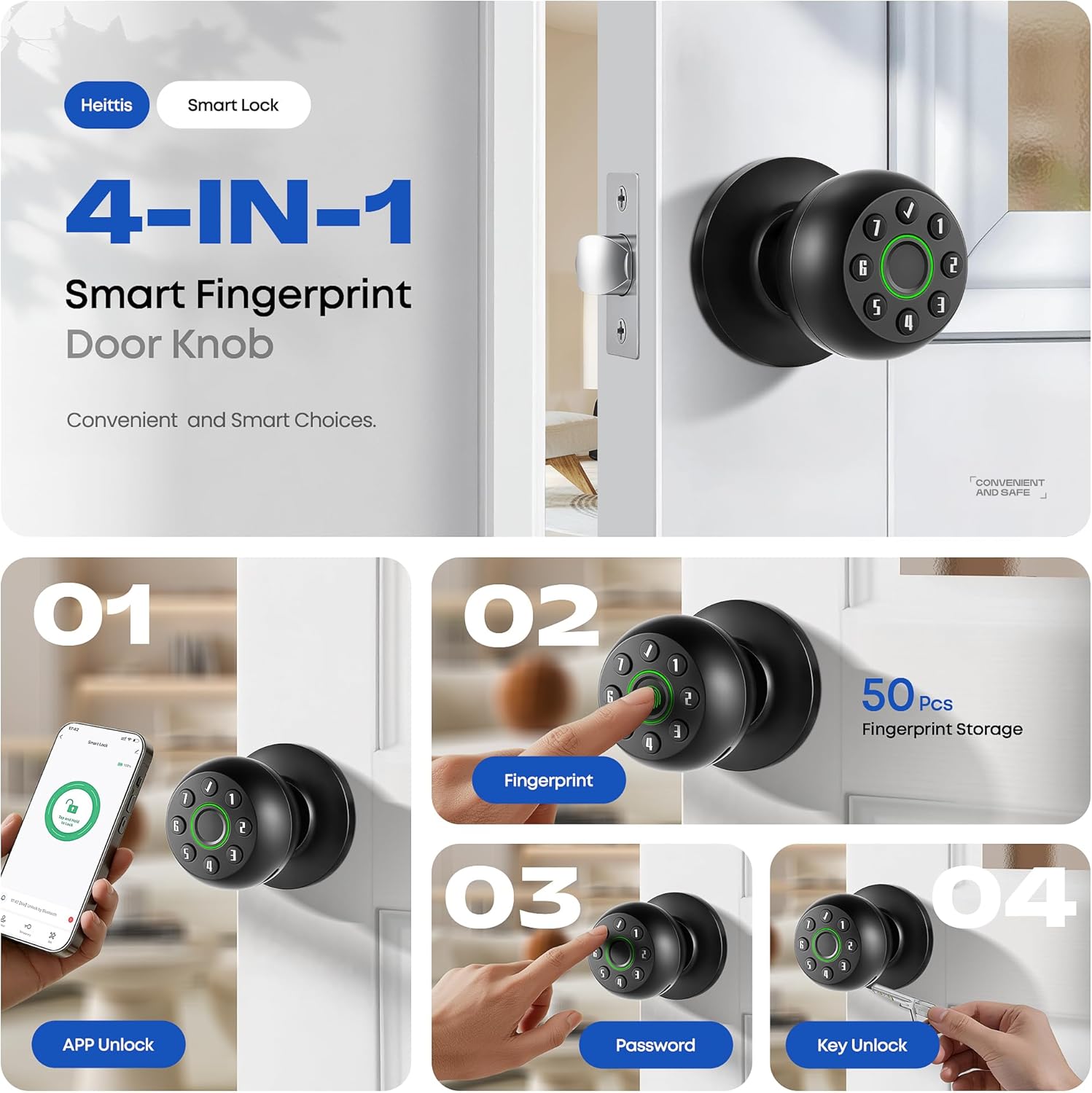Heittis Smart Door Knob,4-in-1 Fingerprint Door Lock with Anti-Peeping Keypad,Thumbprint Entry Door Lock for Bedroom, Front Door, Apartment Office and Garages-Matte Black