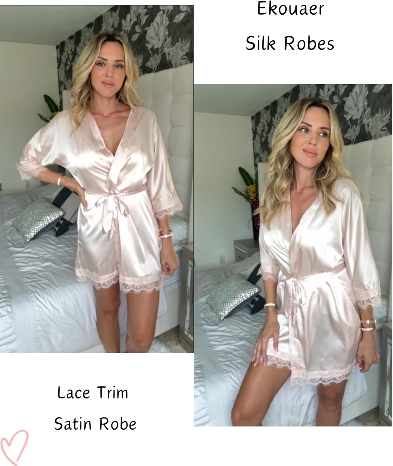 Ekouaer Womens Silk Robe Short Lace Trim Satin Robe 3/4 Sleeve Sexy Kimono Bride Bathrobe Comfy Sleepwear with Pockets