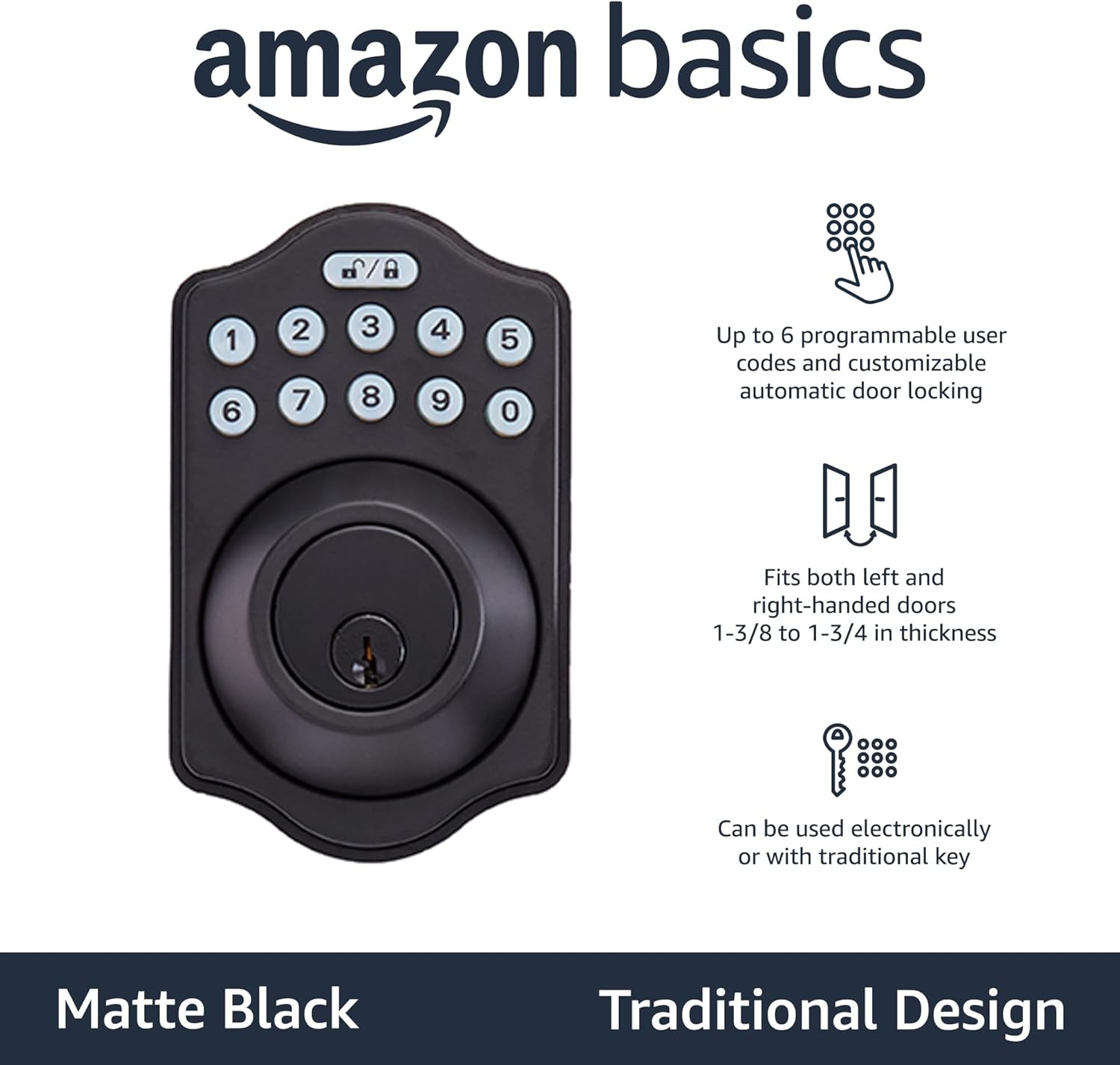Alternative view of Amazon Basics Electronic Keypad Deadbolt Door Lock with Touch-Control Keyless Entry, Keyed Entry Option, Traditional, Matte Black, 1-Pack