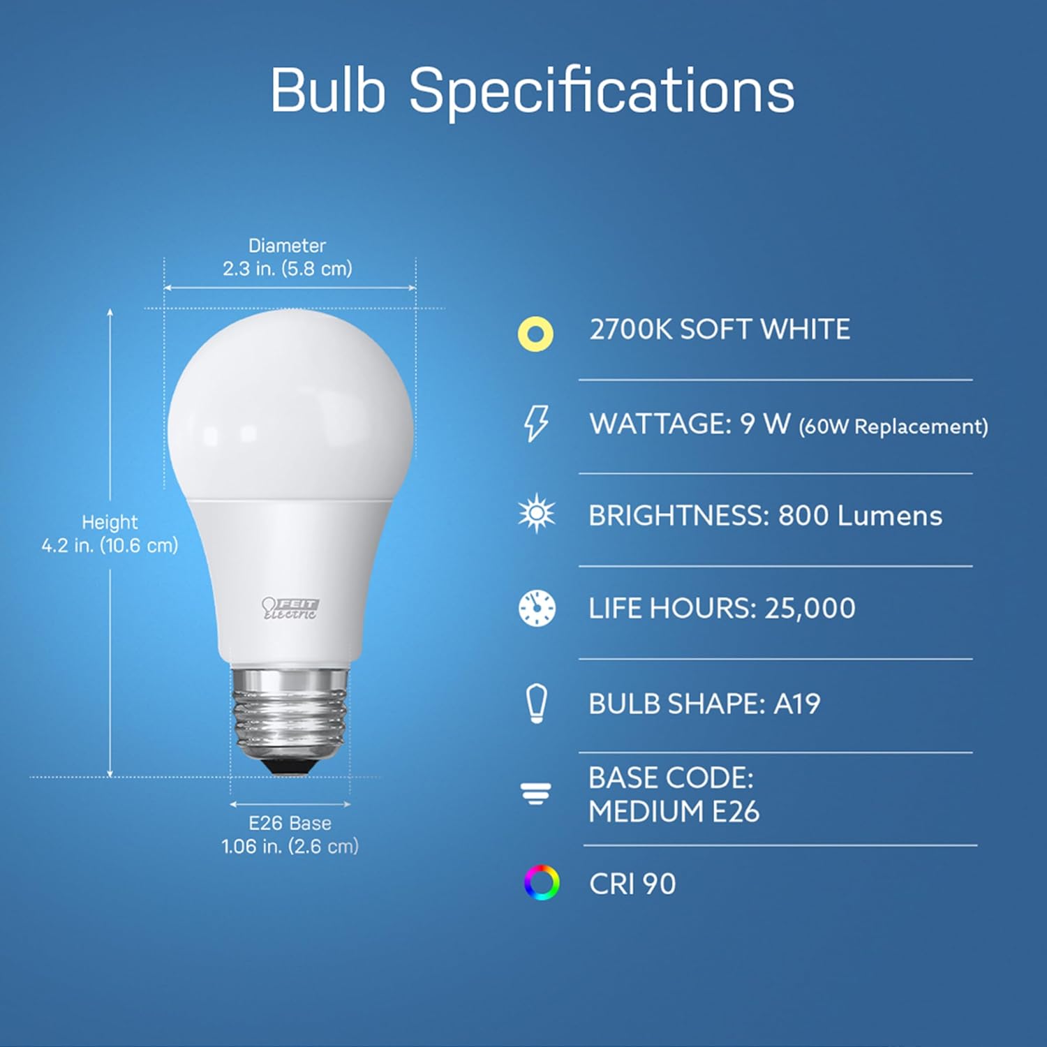 Alternative view of Feit Electric OM60/927CA/AG 60W Equivalent WiFi Dimmable, No Hub Required, Alexa Google Assistant A19 Smart LED Light Bulb, 4.4" H x 2.3" D, 2700K Soft White