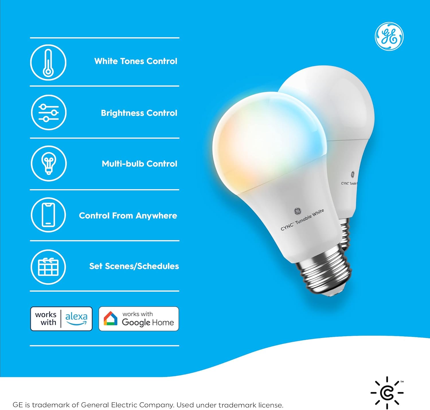 Alternative view of GE Lighting CYNC Smart Tunable White A19 LED Light Bulb, 60W Replacement, Bluetooth/Wi-Fi Enabled, Alexa + Google Home Compatible Without Hub, 2-Pack (Packaging May Vary)