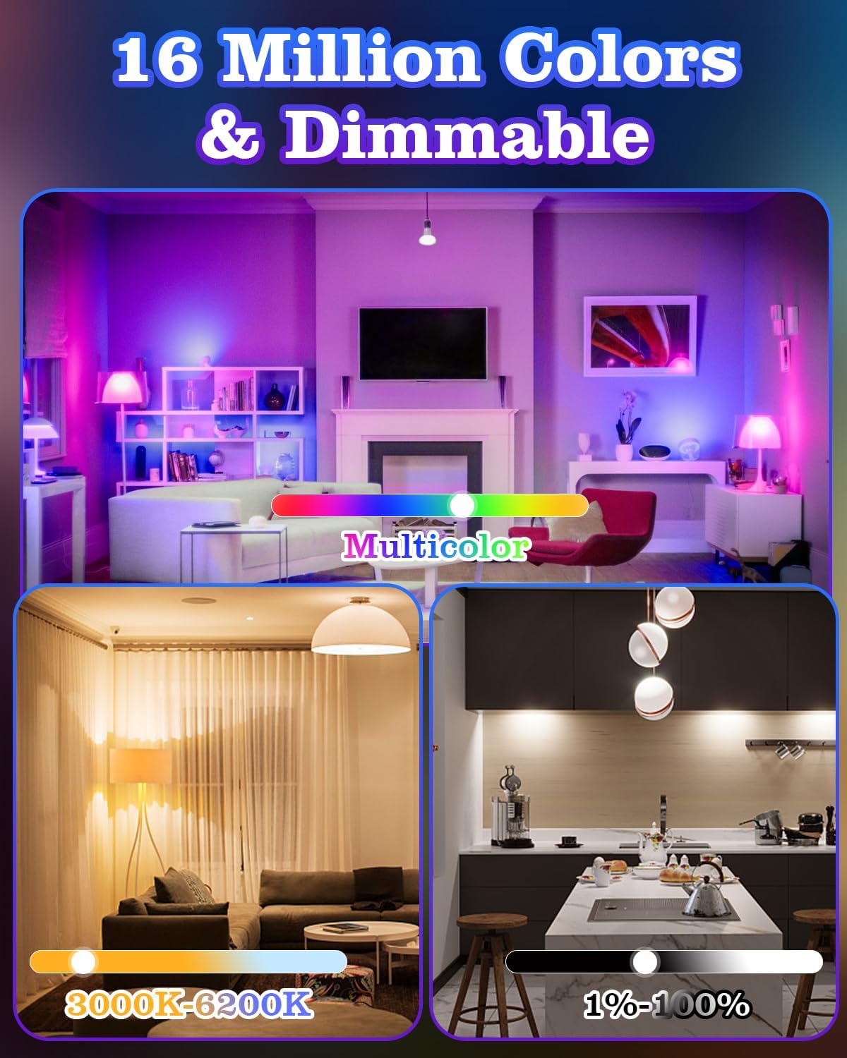 6 Pack E12 Smart Candelabra Light Bulbs u2013 RGB + Tunable White Type B Smart LED Bulb Music Sync, Schedule & Group Control, Candle Bulb Compatible with Alexa & Google Home for Chandelier, 5W (50W Eq.)