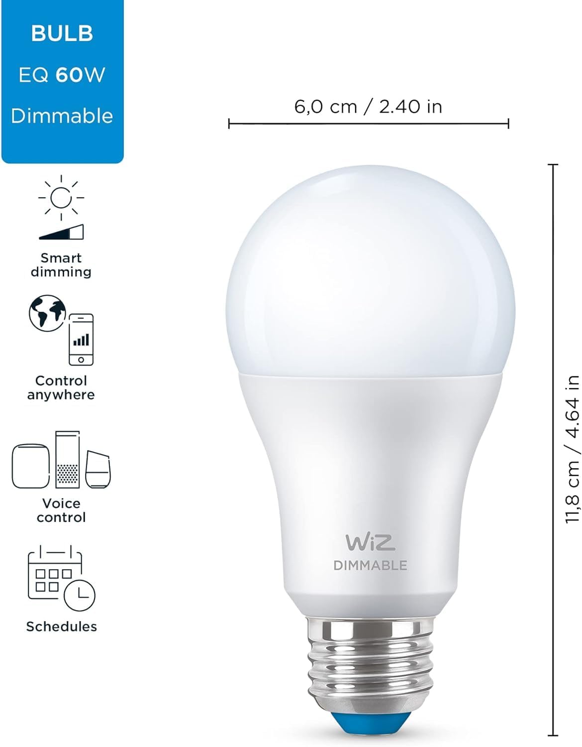 WiZ 60W A19 Dimmable Daylight (5000K) LED Smart Bulb - Pack of 2 - 800 Lumen - E26 - Indoor - Connects to Your Existing Wi-Fi - Control with Voice or App - Activate with Motion - Matter Compatible