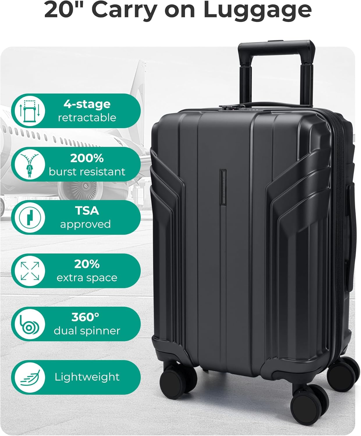 Alternative view of BAGSMART Expandable Carry On Luggage 22x14x9 Airline Approved, 1OO% PC Lightweight Hard Shell Suitcase, 20 Inch Travel Luggage with Spinner Wheels, Waterproof Rolling Suitcase, Black