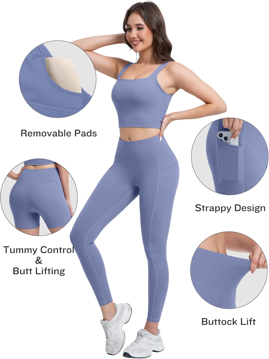 SALSPOR 3 Piece Workout Sets for Women High Waisted Leggings with Pockets Tummy Control Biker Shorts Yoga Sports Bra