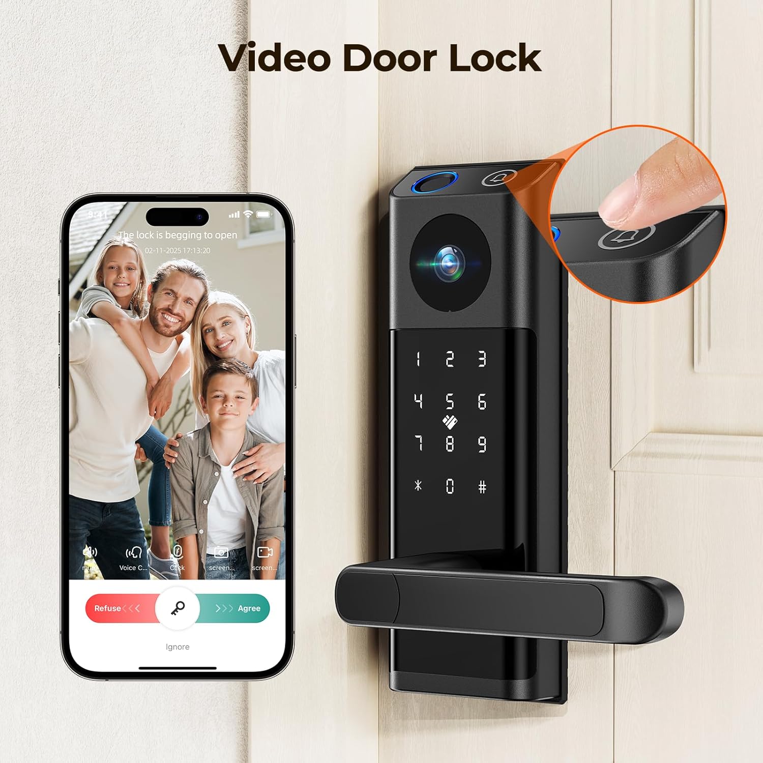 Alternative view of Video Smart Lock with Camera & Doorbell, 5-in-1 Keyless Entry Door Lock with Handle, Fingerprint+Keypad Code+App Remote Control+IC Card, Auto Lock, Wi-Fi Smart Deadbolt for Front Door, Apartment