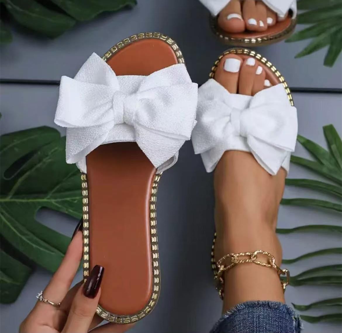 Sksshion Women's Bow Knot Slides Open Toe Flat Sandals Summer Slip On Slippers