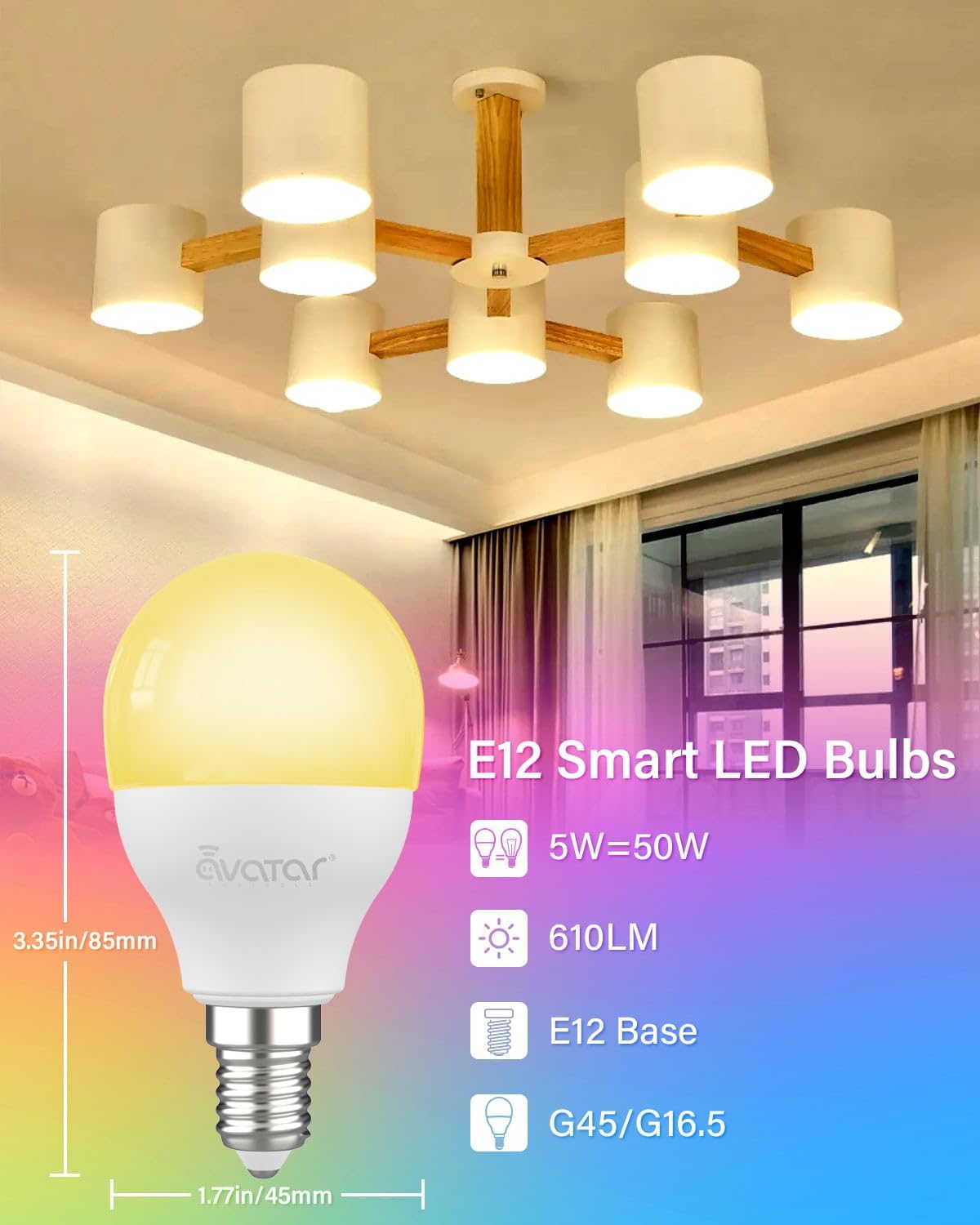 Alternative view of Avatar Controls 4 Pack E12 Smart LED Light Bulb, 5W Alexa Small Base Candelabra Bulbs, Wi-Fi Ceiling Fan Bulbs Color Changing Timer Music Sync, 2700-6500K