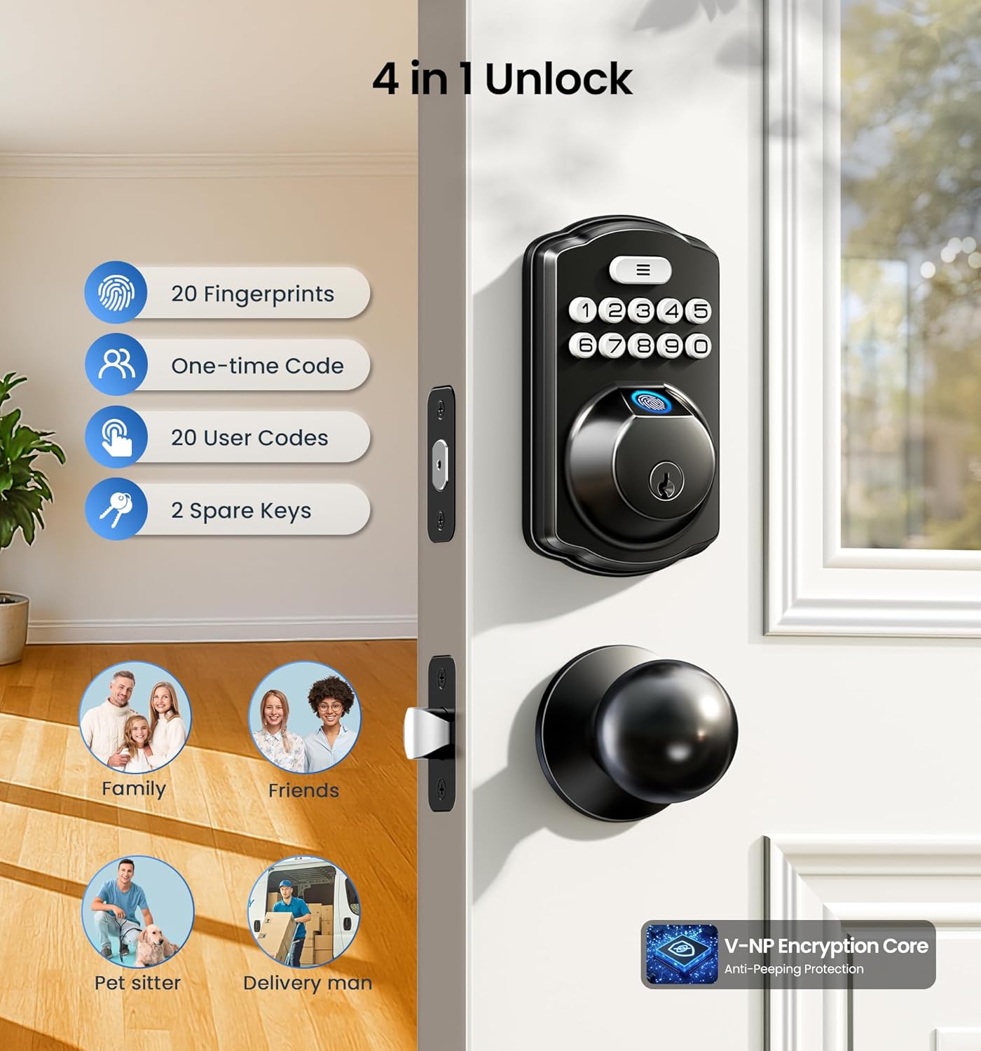 Alternative view of Veise Fingerprint Door Lock with 2 Knobs - Keyless Entry Door Lock with Handle, Electronic Keypad Deadbolt, Smart Front Handle Set, Auto-Locking, Waterproof, Easy Installation, Matte Black