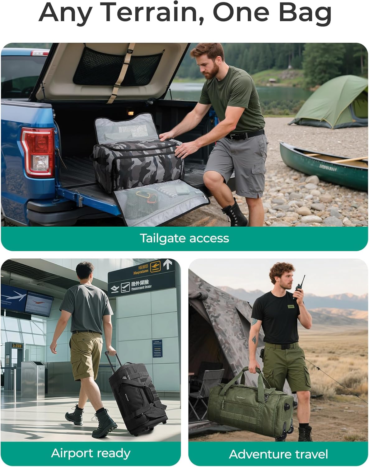 BAGSMART Rolling Duffle Bag with Wheels, Tactical Carry on Luggage, Travel Bag Gym Duffel for Men Women, Duffel with PVC Wet Pocket, Black