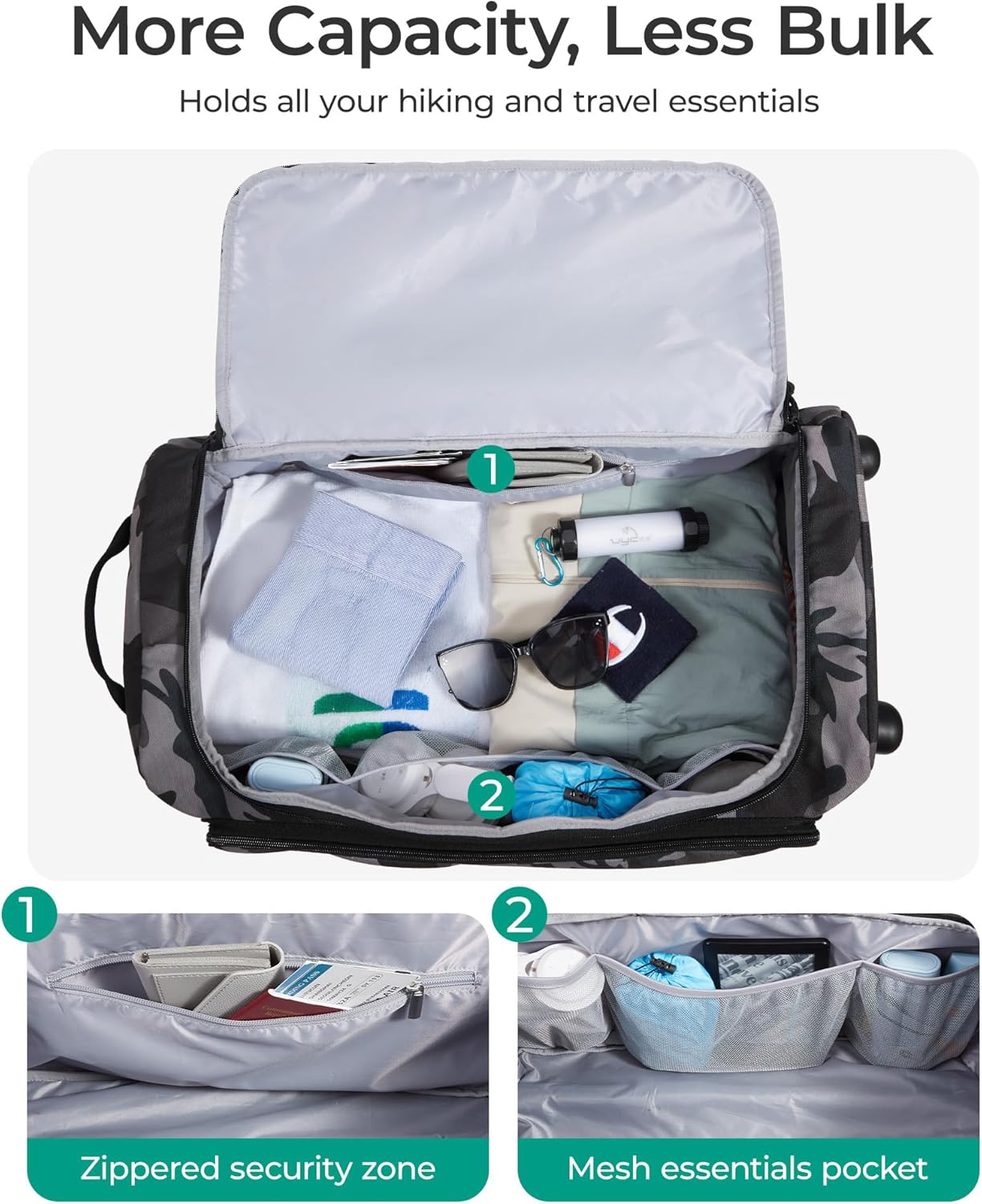 Alternative view of BAGSMART Rolling Duffle Bag with Wheels, Tactical Carry on Luggage, Travel Bag Gym Duffel for Men Women, Duffel with PVC Wet Pocket, Black