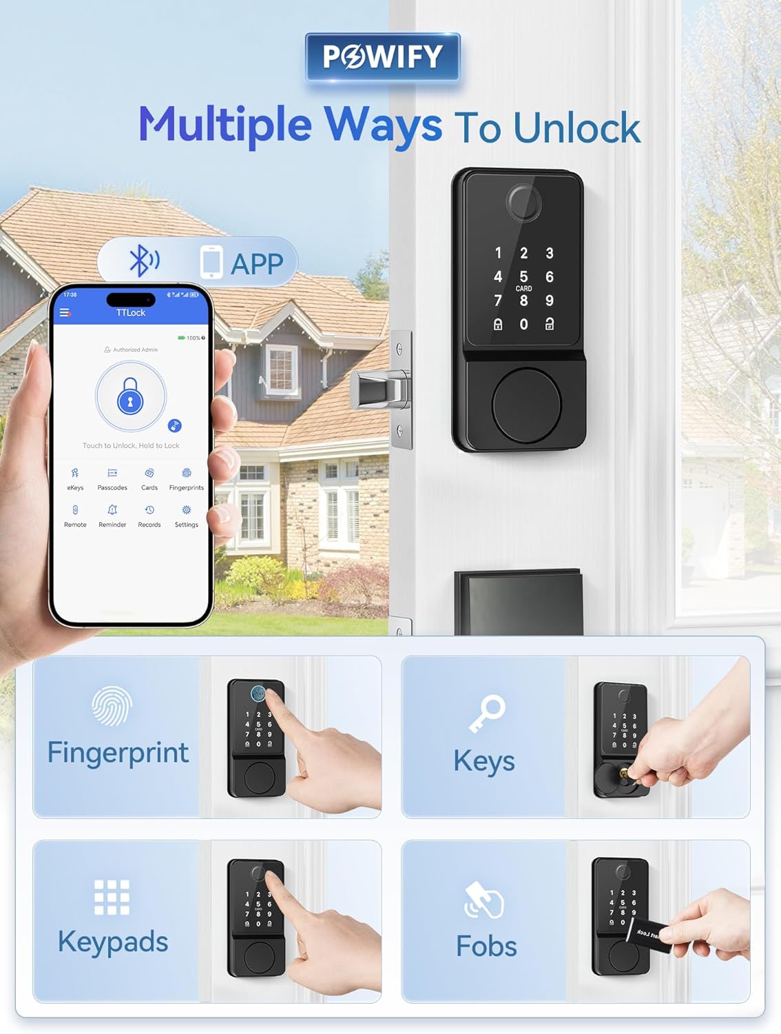 POWIFY Keyless Entry Door Lock with Handle, APP Control Smart Front Lock Set, Keypad Door Lock with Handle, Keypad Deadbolt Auto Lock, Easy to Install, Bluetooth, Black