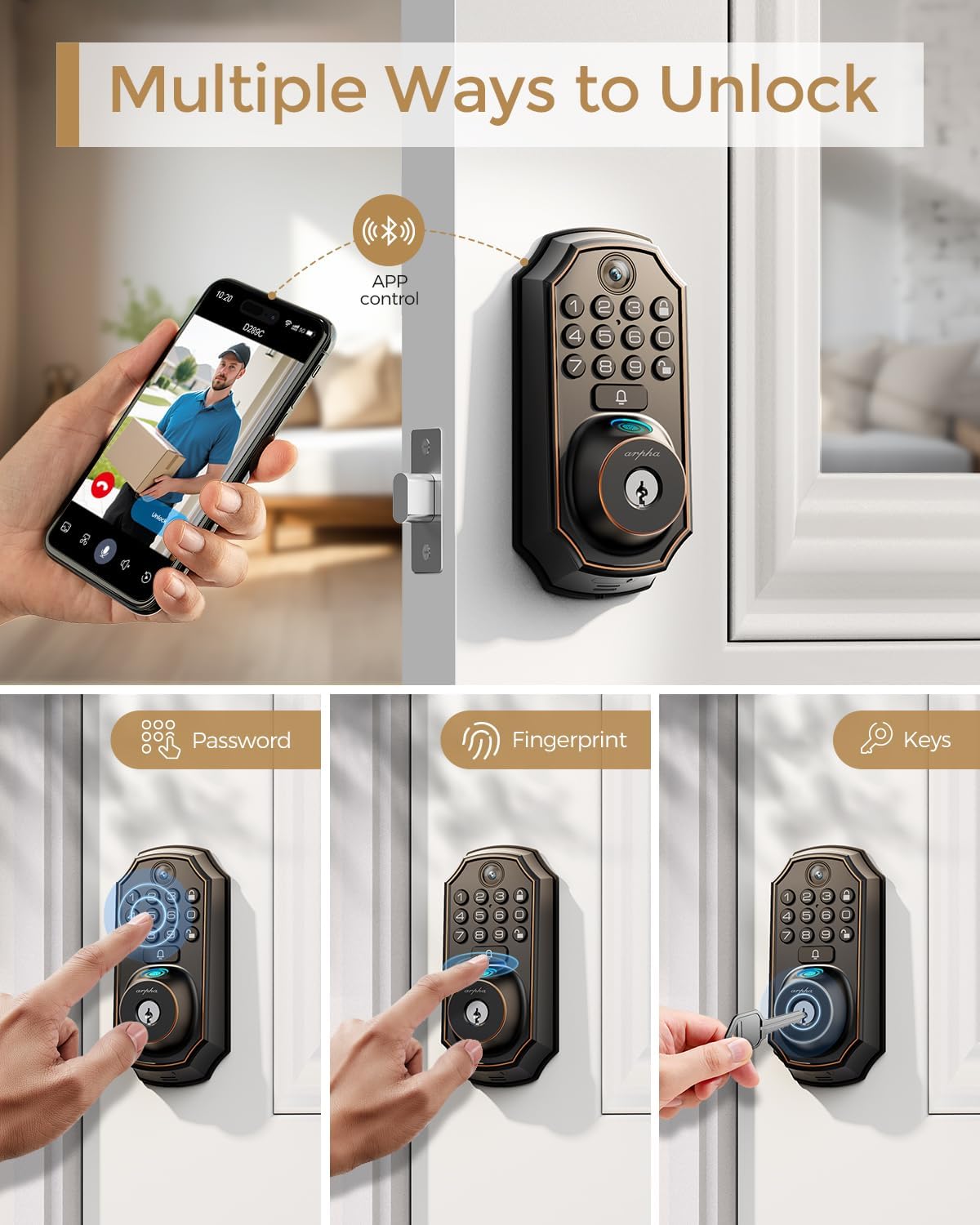 Alternative view of WiFi Video Smart Lock with Camera -Keyless Entry Deadbolt, 5-in-1 (Camera+Doorbell+Fingerprint+Keypad), App Control, Two-Way Audio, Waterproof, Easy Installation