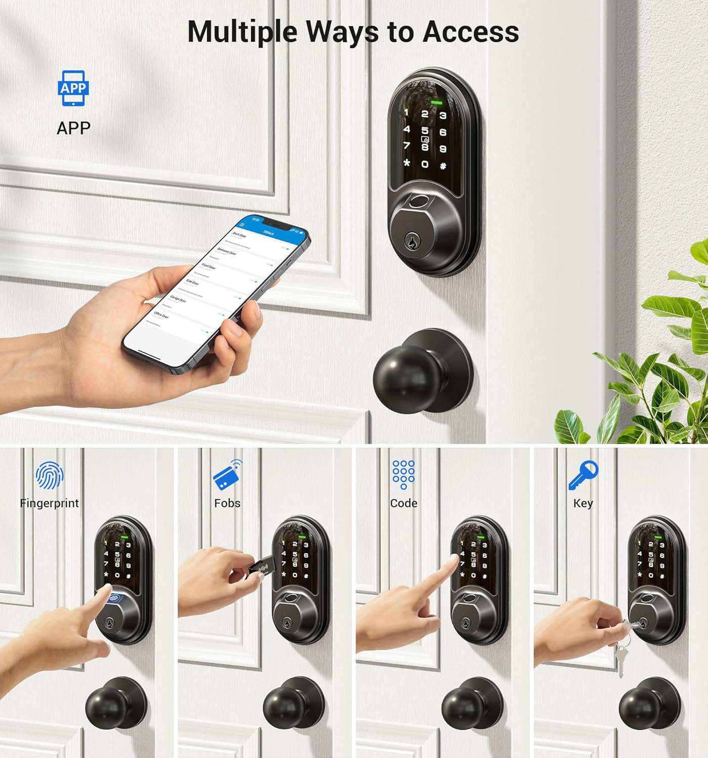 Veise RZ07C Smart Locks for Front Door, 2 Knob Handle Set, Fingerprint Keyless Entry, App Control Biometric Lock, Electronic Digital Touchscreen Keypad Deadbolt, Easy Install, Auto Lock, Matte Black