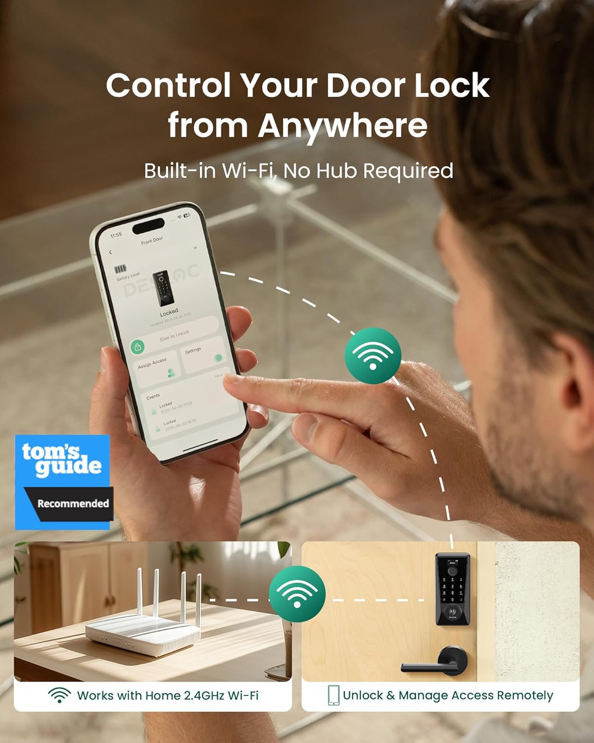 DESLOC WiFi Smart Lock D110 Plus, Built-in Wi-Fi No Hub Needed, Fingerprint Keyless Entry Front Door Lock, Touchscreen Keypad Deadbolt, Remote Control, Auto Lock, Anti-Peep PIN, BHMA, Alexa Compatible