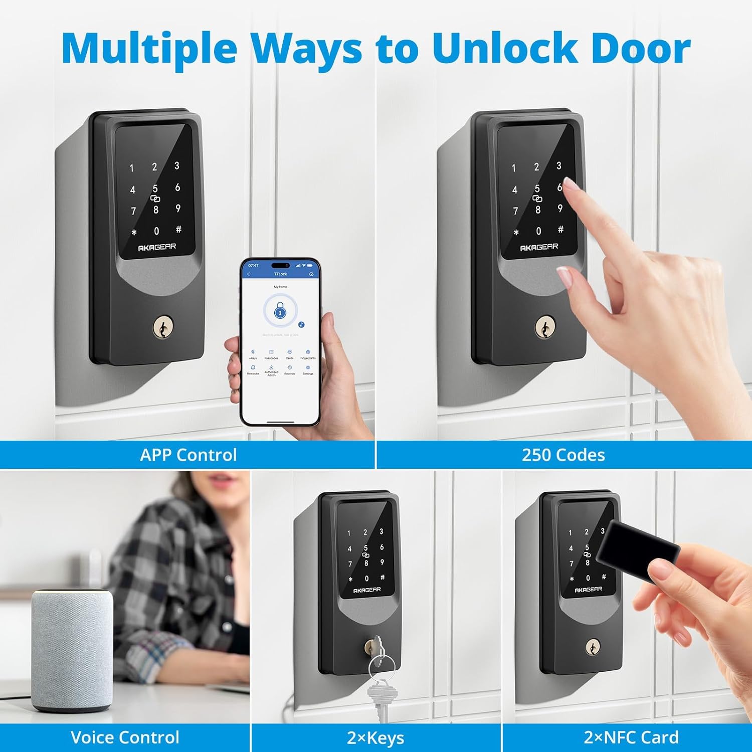 AkaGear WiFi Smart Lock Keyless Entry Door Lock with 8xAA Batteries, App Remote Control, Touchpad Keypad Deadbolt for Front Door, Auto Lock, Keys, Fob Card, PIN Code Unlock, 8-Month Battery, T02 Mini