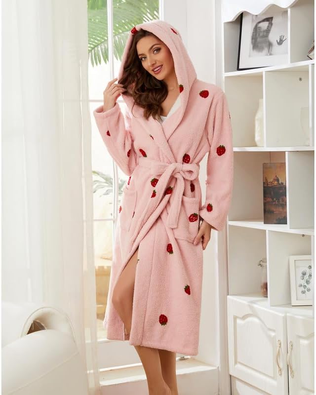 Womens Hooded Plush Robes, Soft Cute Warm Fleece Bathrobe for Women Long Embroidered Ladies Loungewear