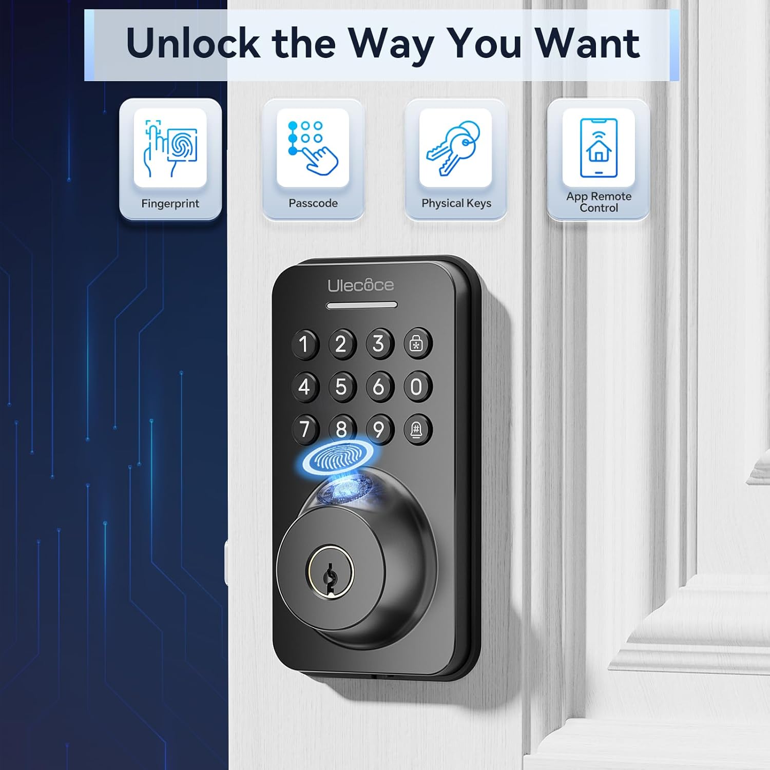 Ulecoce Keyless Entry Door Lock with Handle Set - Built-in WiFi, Fingerprint, App Control & Doorbell, Electronic Keypad Deadbolt with One-Time Code, Auto-Locking, Easy to Install