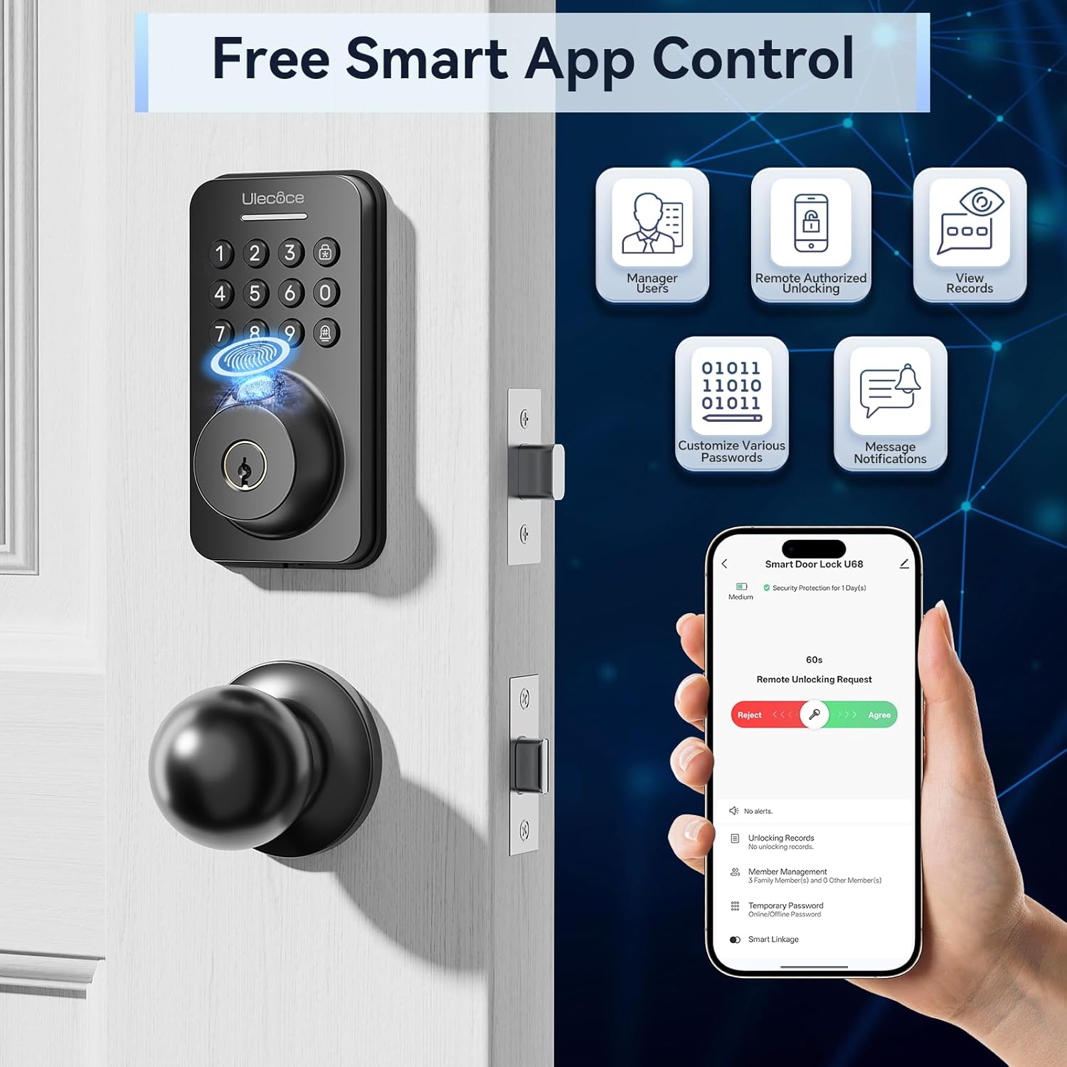 Alternative view of Ulecoce Keyless Entry Door Lock with Handle Set - Built-in WiFi, Fingerprint, App Control & Doorbell, Electronic Keypad Deadbolt with One-Time Code, Auto-Locking, Easy to Install