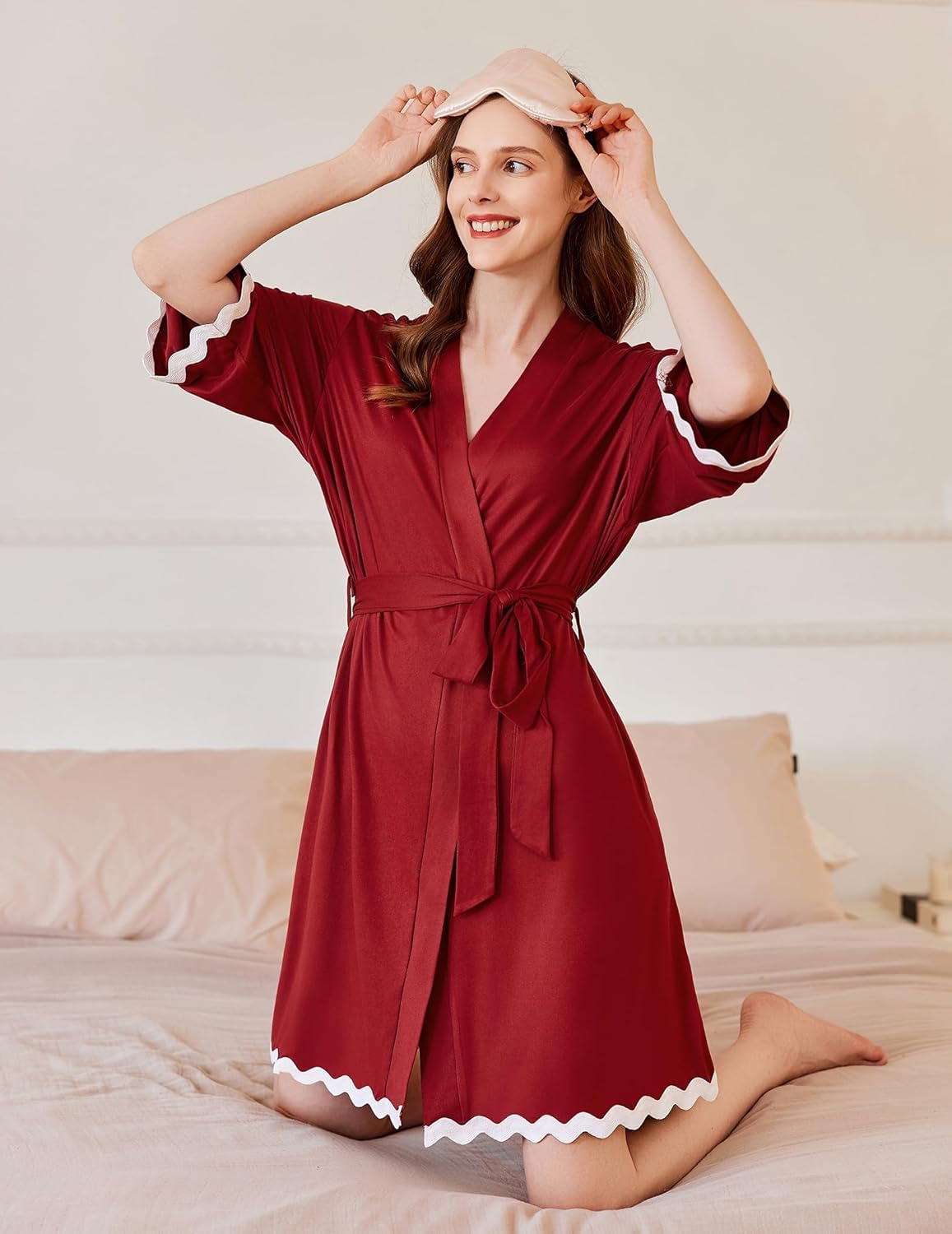 Ekouaer Women Kimono Robe 3/4 Sleeves Loungewear Dress Knee Length Sleepwear Pockets Housecoat Short Bathrobe S-XXL