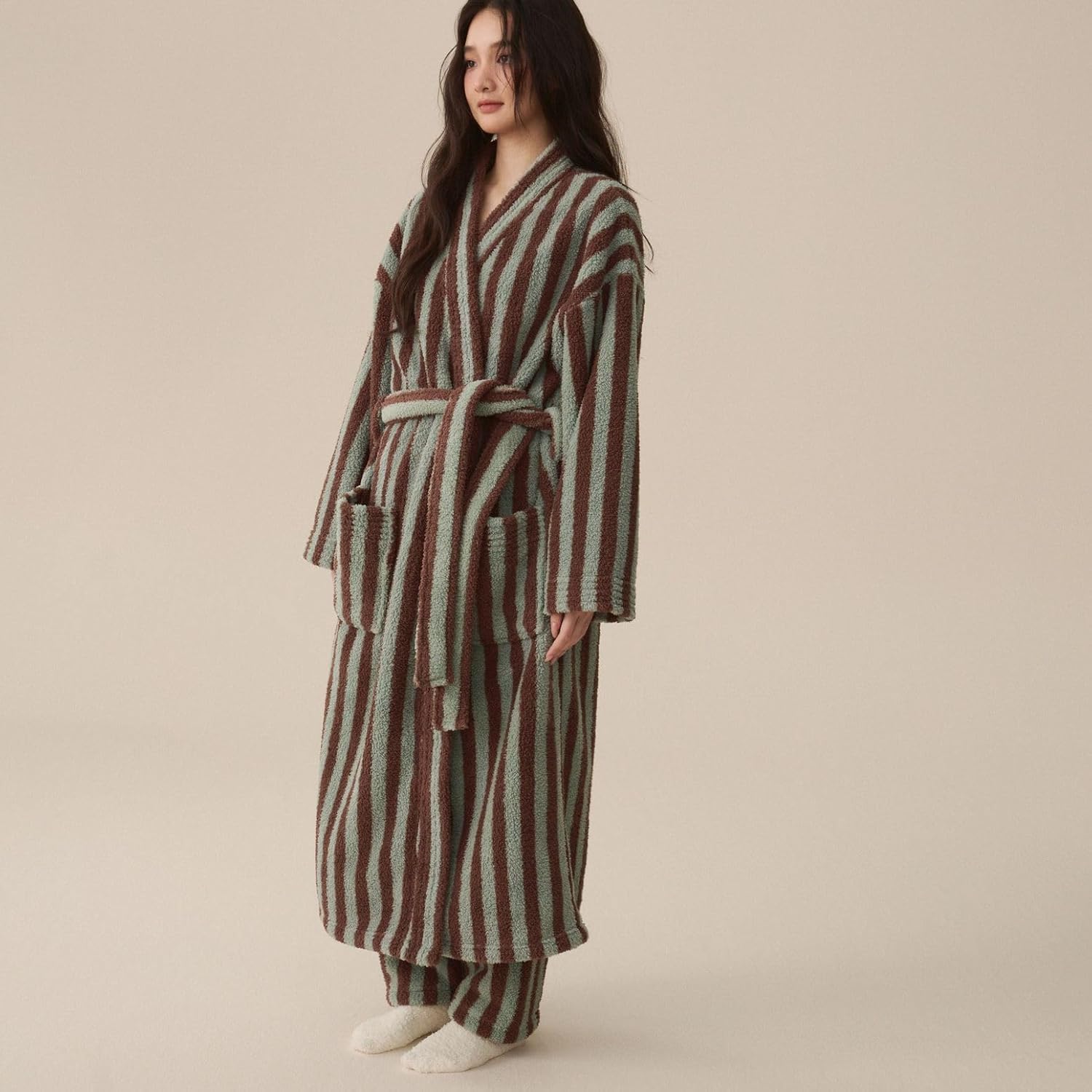 Alternative view of Homgro Women's Fuzzy Fleece Long Robe Striped Plush Kimono Warm Thick Fluffy Oversized V Neck Loungewear Maxi Bathrobe