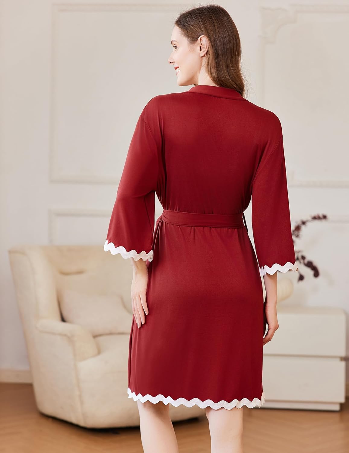 Ekouaer Women Kimono Robe 3/4 Sleeves Loungewear Dress Knee Length Sleepwear Pockets Housecoat Short Bathrobe S-XXL - Image 4