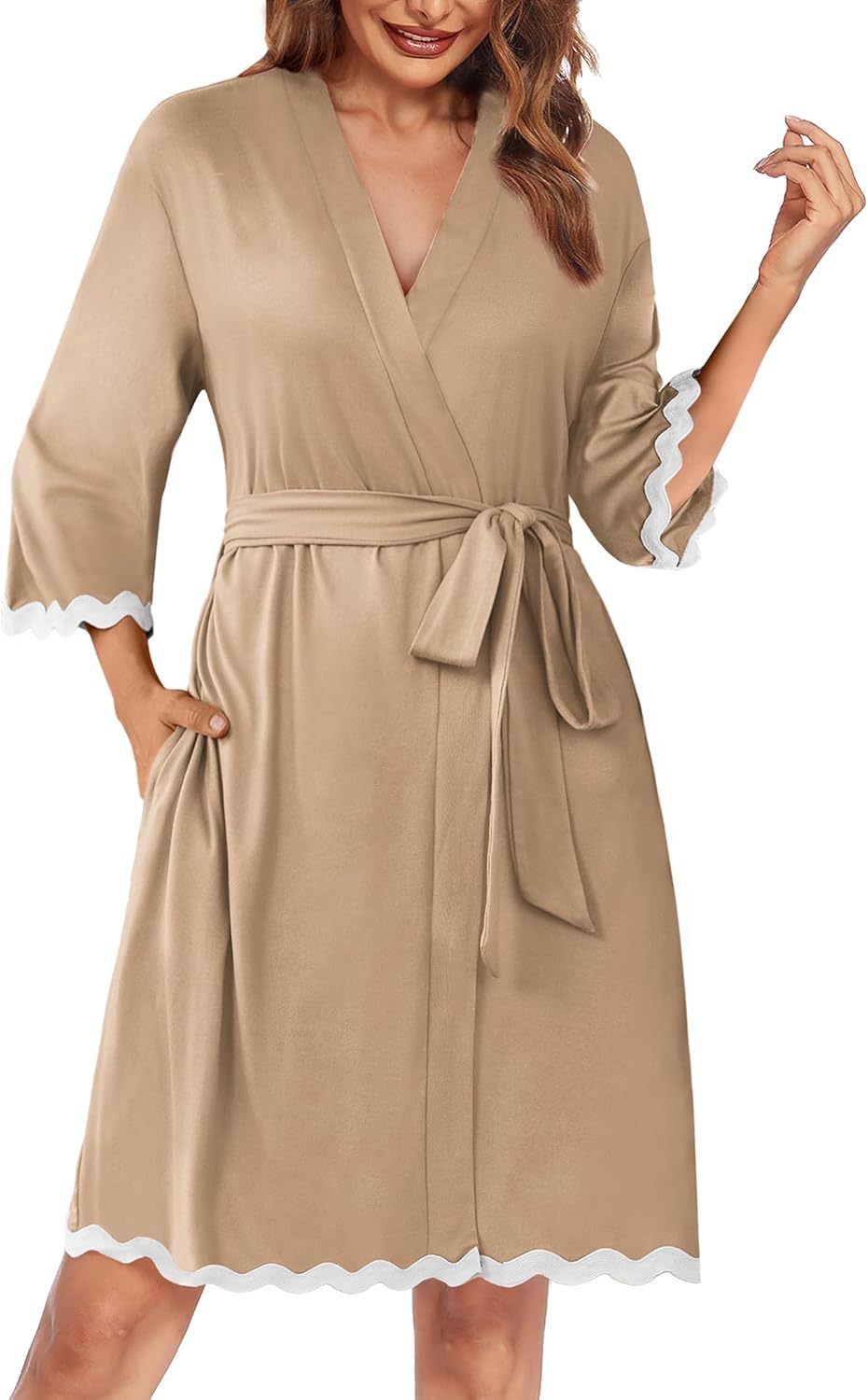 Ekouaer Women Kimono Robe 3/4 Sleeves Loungewear Dress Knee Length Sleepwear Pockets Housecoat Short Bathrobe S-XXL - Image 5