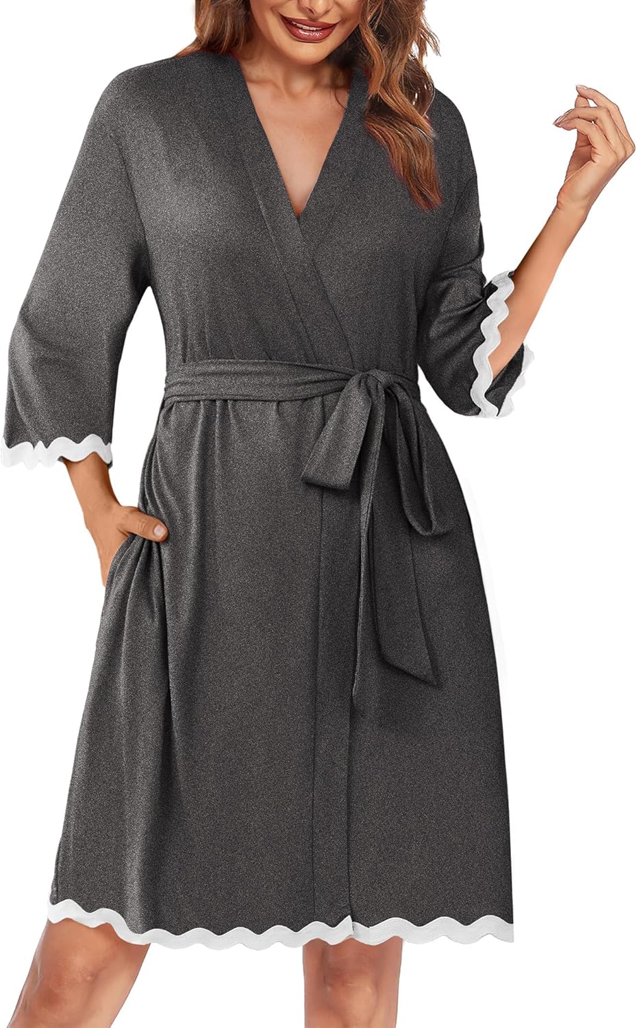 Ekouaer Women Kimono Robe 3/4 Sleeves Loungewear Dress Knee Length Sleepwear Pockets Housecoat Short Bathrobe S-XXL - Image 6