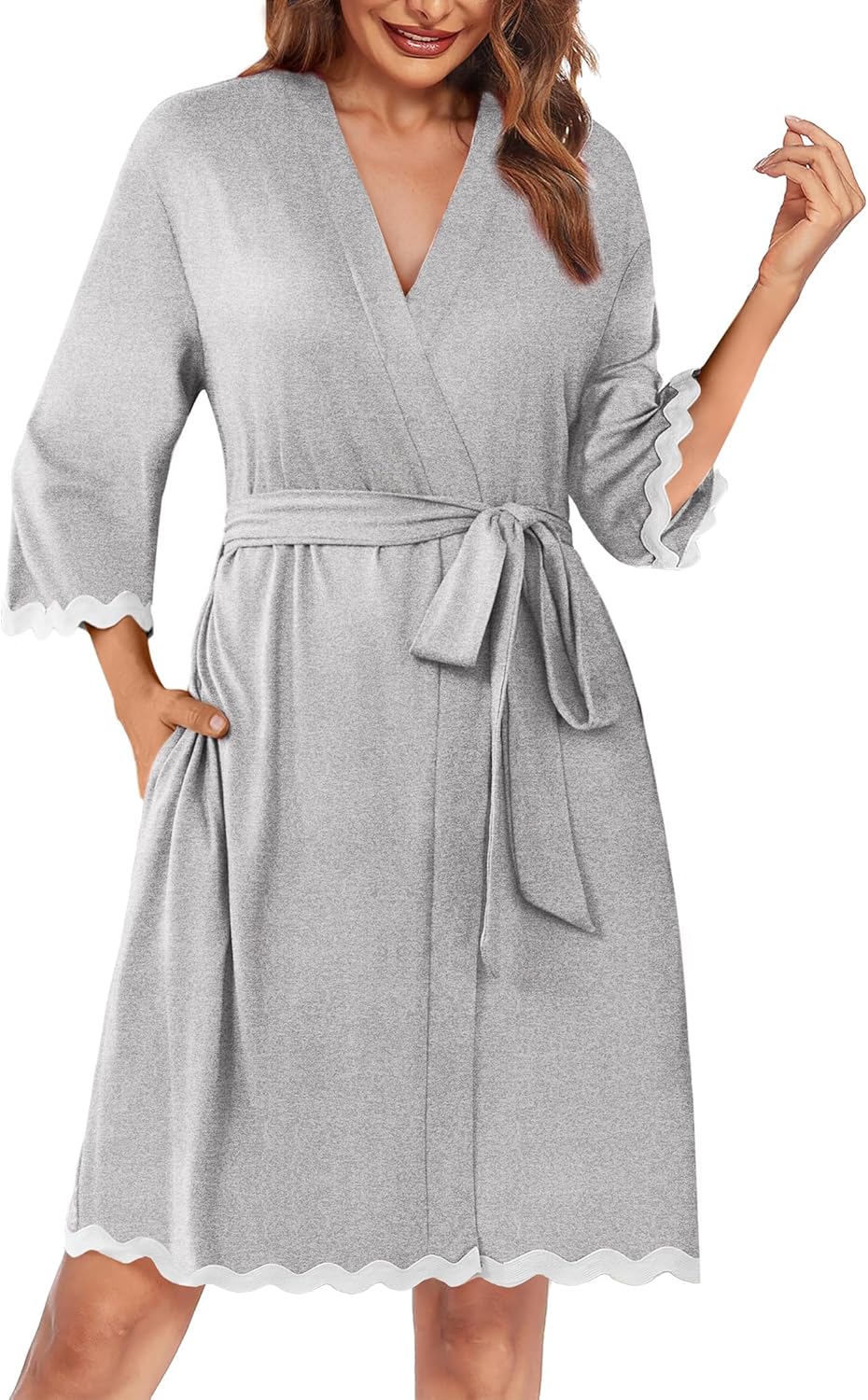 Ekouaer Women Kimono Robe 3/4 Sleeves Loungewear Dress Knee Length Sleepwear Pockets Housecoat Short Bathrobe S-XXL - Image 7