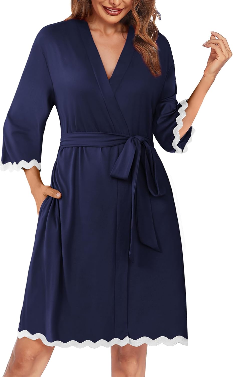 Ekouaer Women Kimono Robe 3/4 Sleeves Loungewear Dress Knee Length Sleepwear Pockets Housecoat Short Bathrobe S-XXL - Image 8