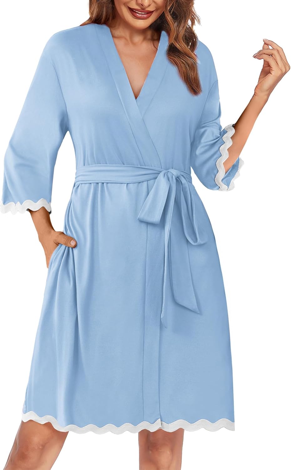 Ekouaer Women Kimono Robe 3/4 Sleeves Loungewear Dress Knee Length Sleepwear Pockets Housecoat Short Bathrobe S-XXL - Image 9