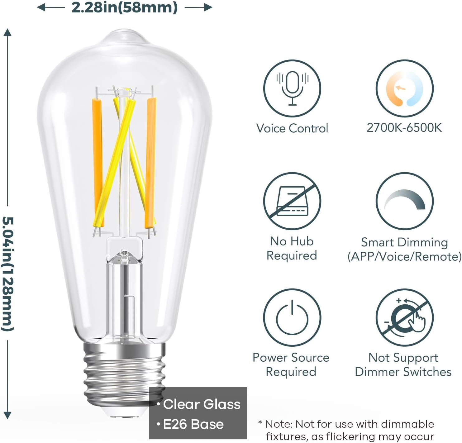 Linkind E26 Smart Edison Bulbs, 2700K-6500K Tunable WiFi Edison Bulbs with Remote Control, 8W 60W Equivalent Dimmable ST19 (ST58) Vintage Light Bulbs 800lm, Compatible with Alexa & Google Home, 4-Pack